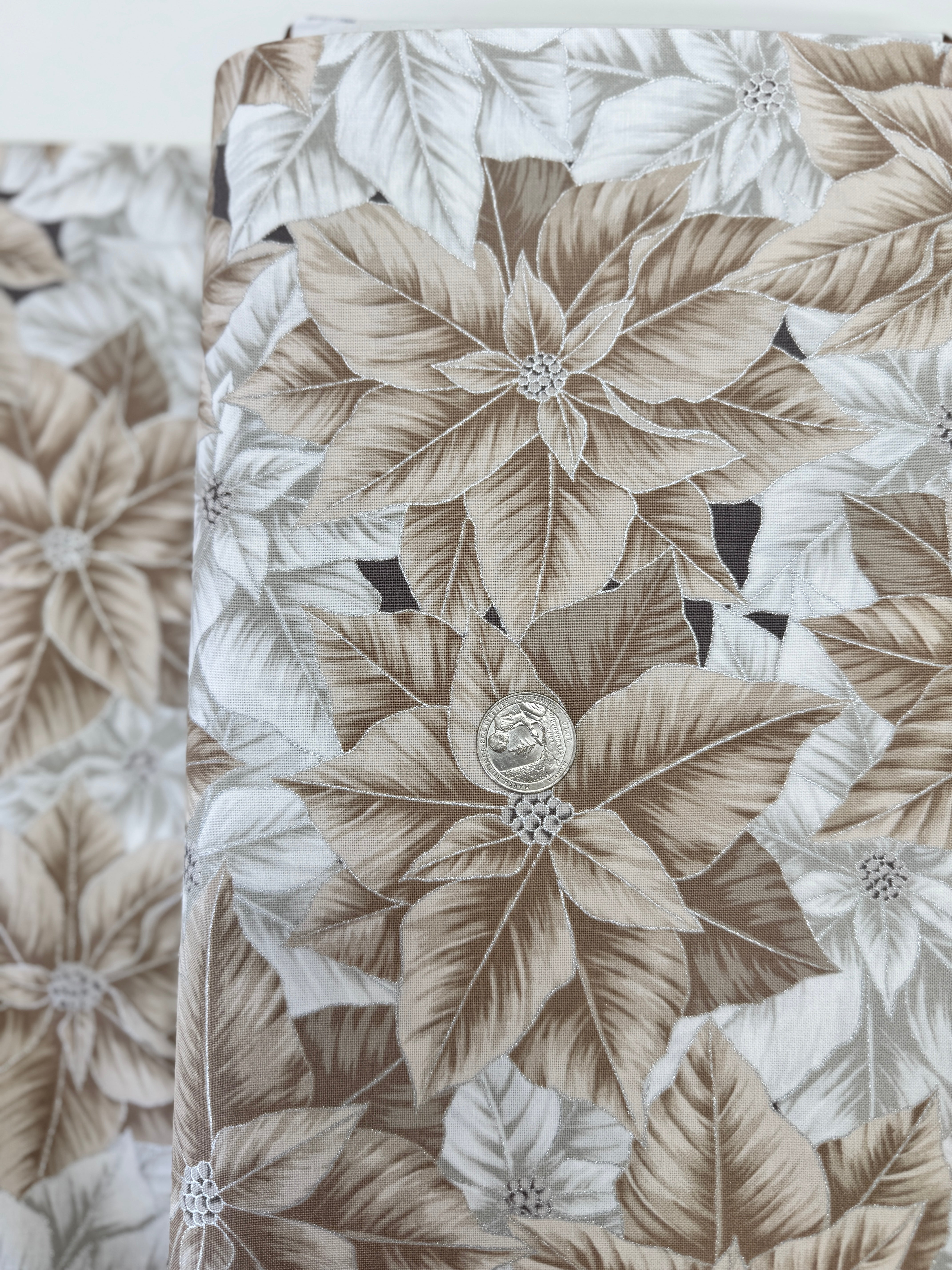 Holiday Flourish Packed Poinsettias Blanc silver metallic cotton fabric by Studio RK for Robert Kaufman – festive poinsettia pattern on white background