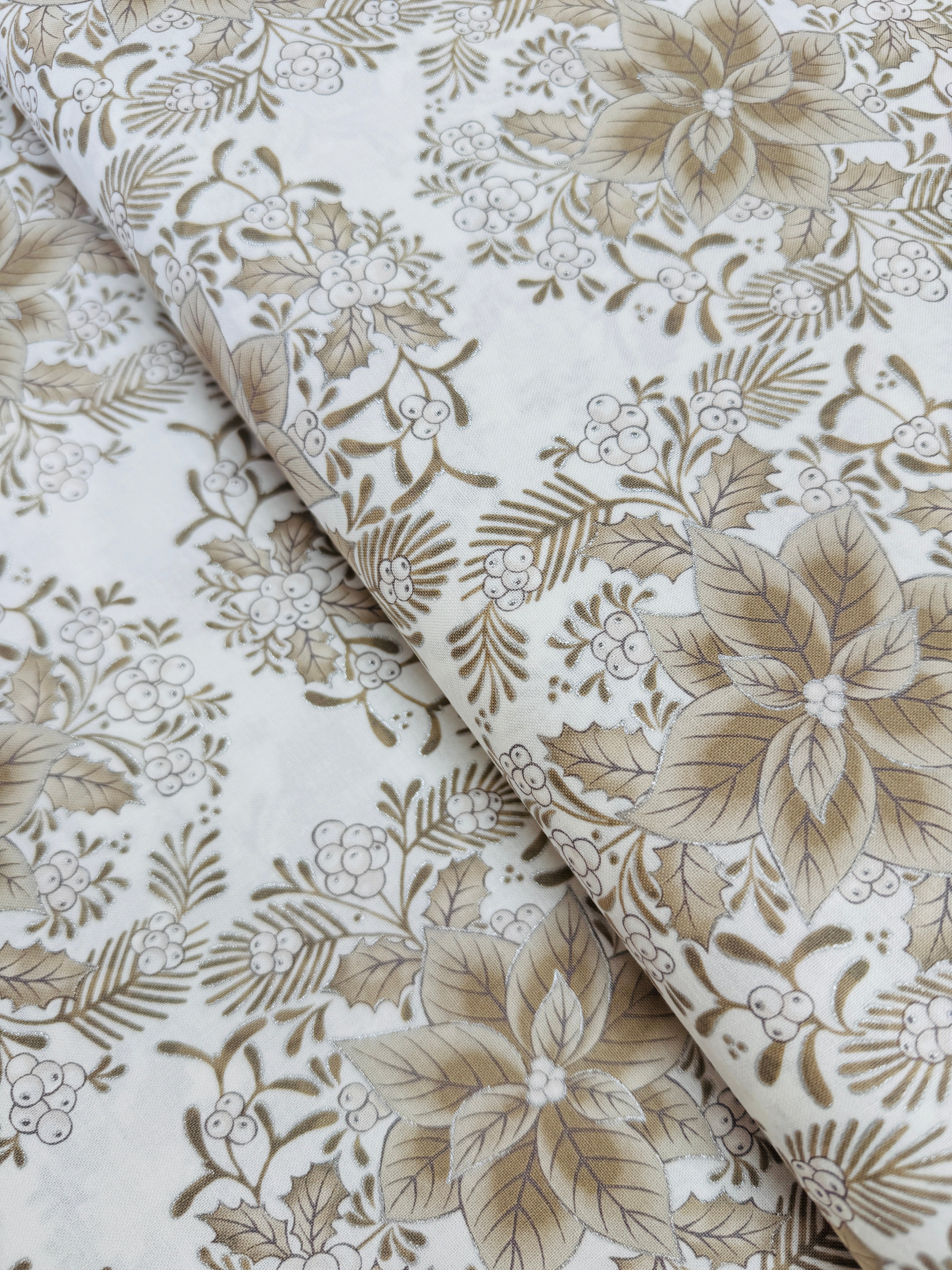 Holiday Flourish Florals Dove cotton fabric by Studio RK for Robert Kaufman – dove-gray with silver metallic floral print, 43–44″