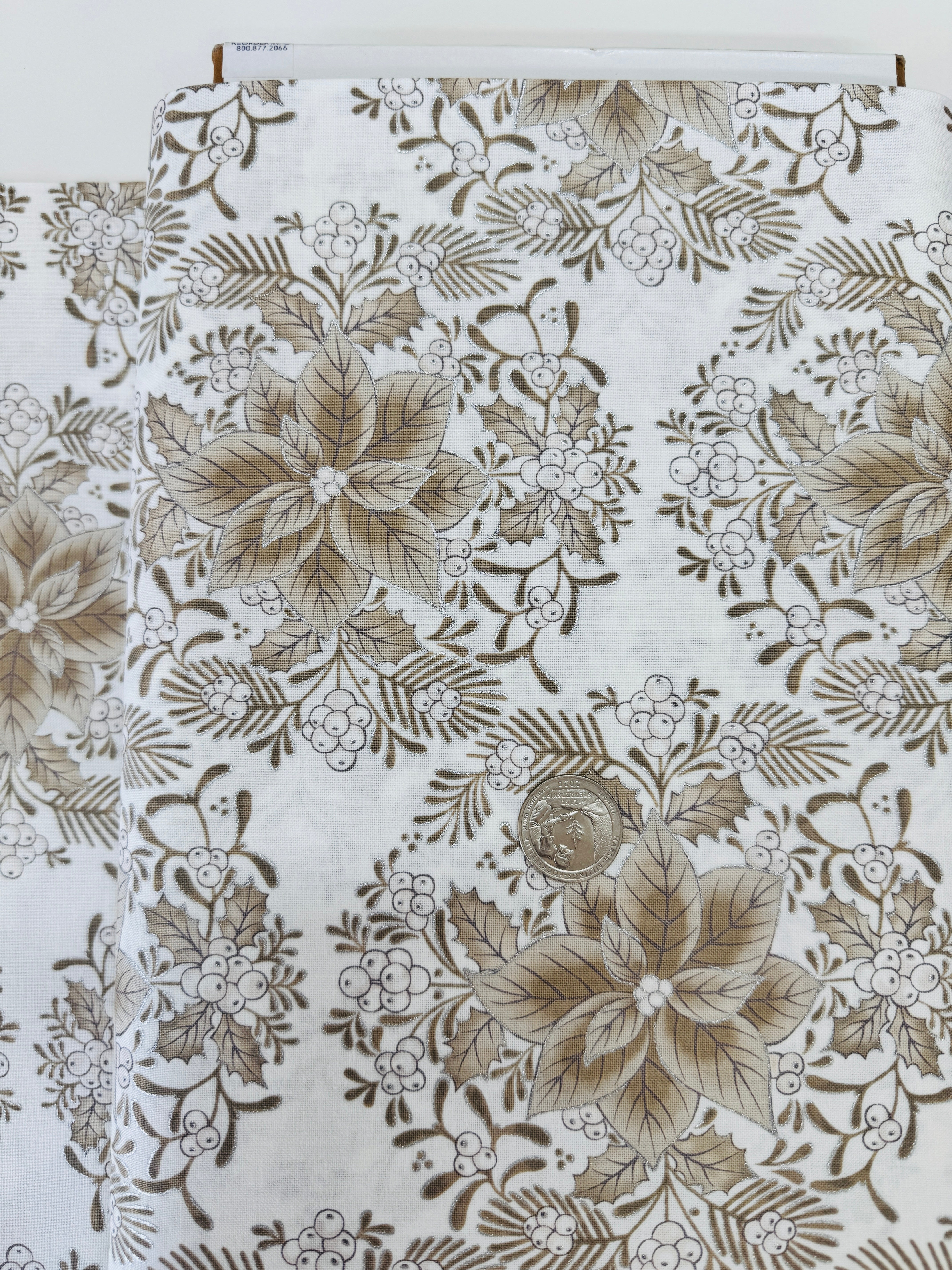 Holiday Flourish Florals Dove cotton fabric by Studio RK for Robert Kaufman – dove-gray with silver metallic floral print, 43–44″