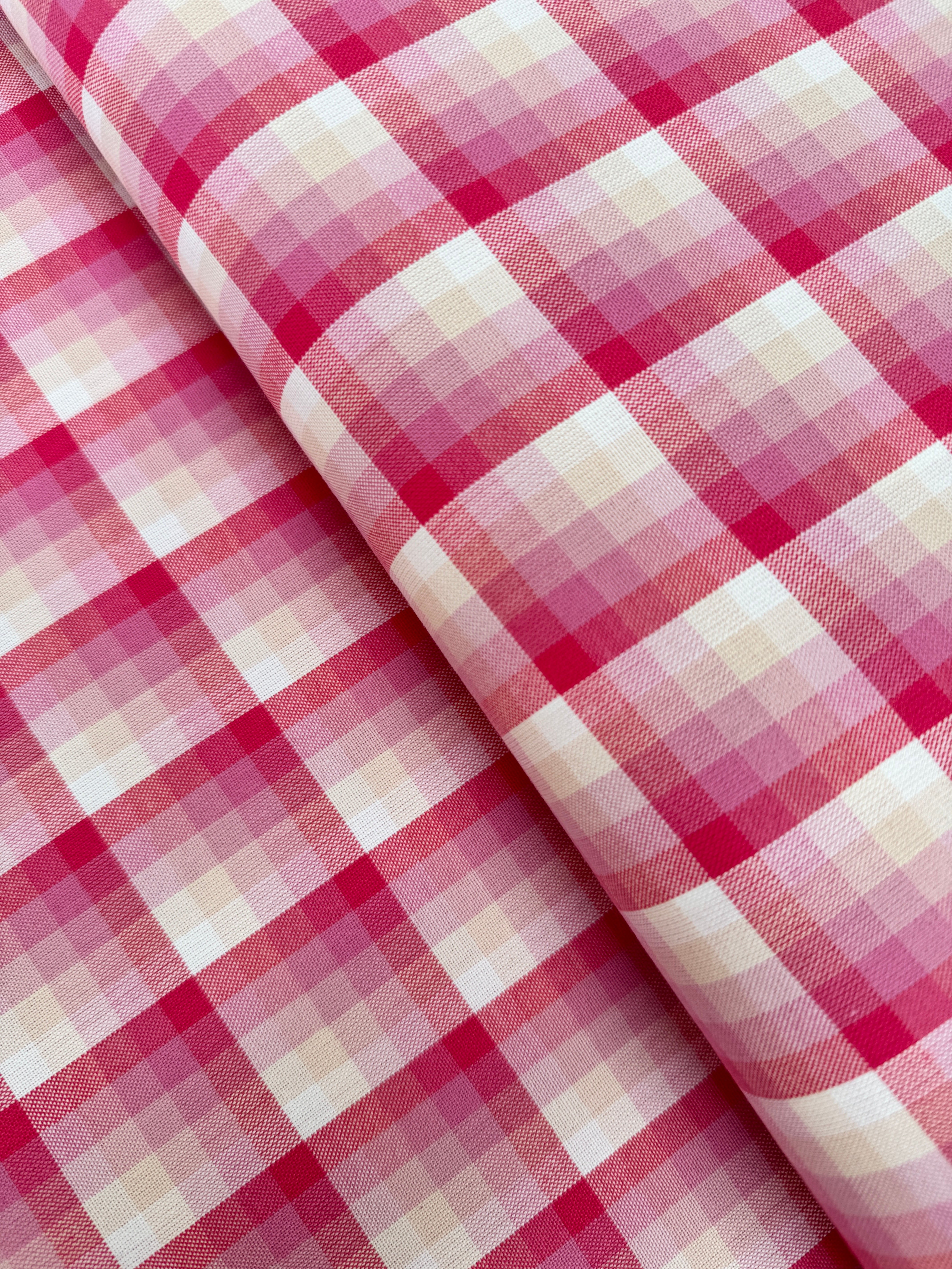 Kitchen Window Wovens Watermelon yarn‑dyed gingham cotton by Elizabeth Hartman – pink and white check, 43–44″ wide