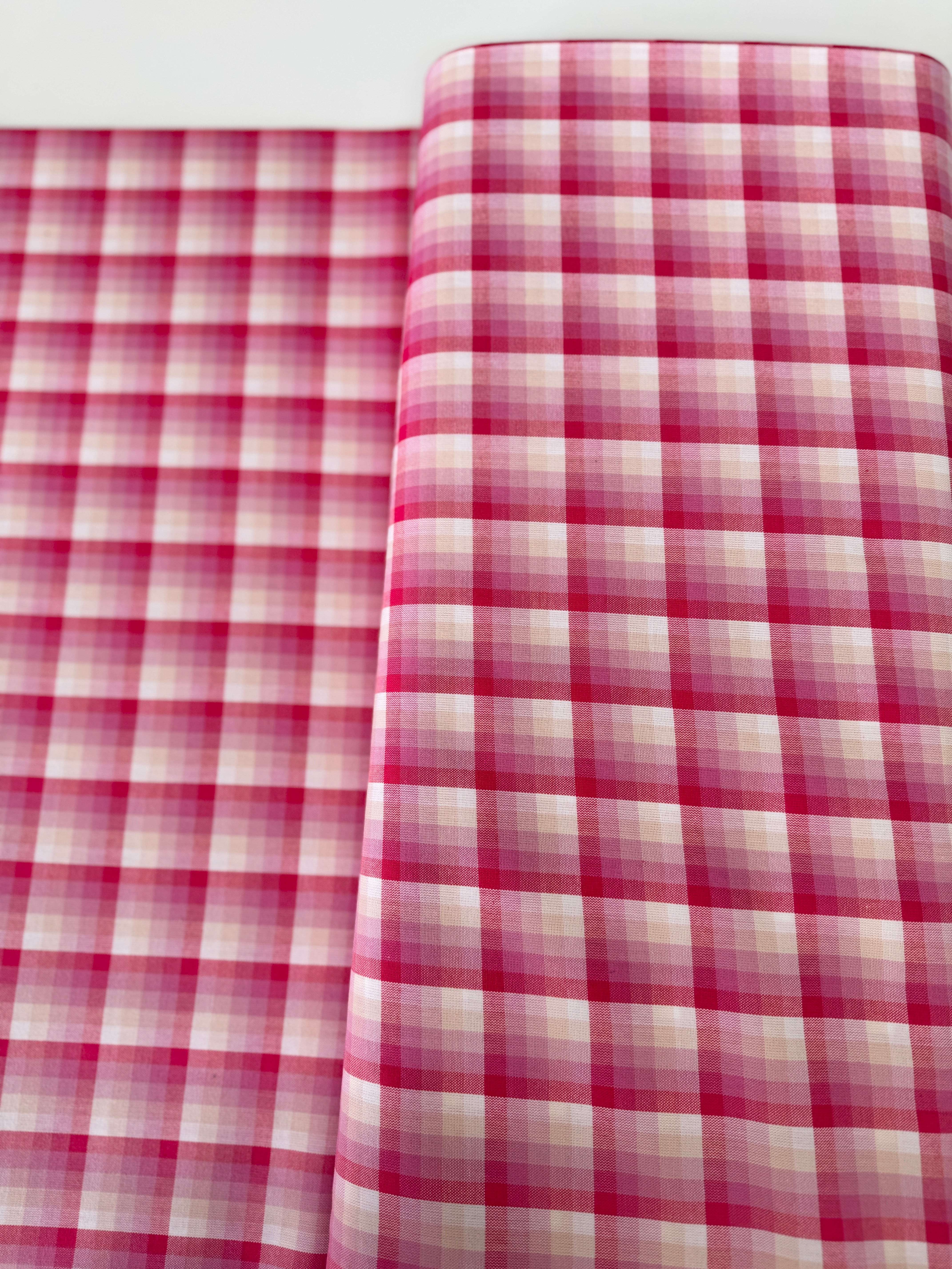 Kitchen Window Wovens Watermelon yarn‑dyed gingham cotton by Elizabeth Hartman – pink and white check, 43–44″ wide