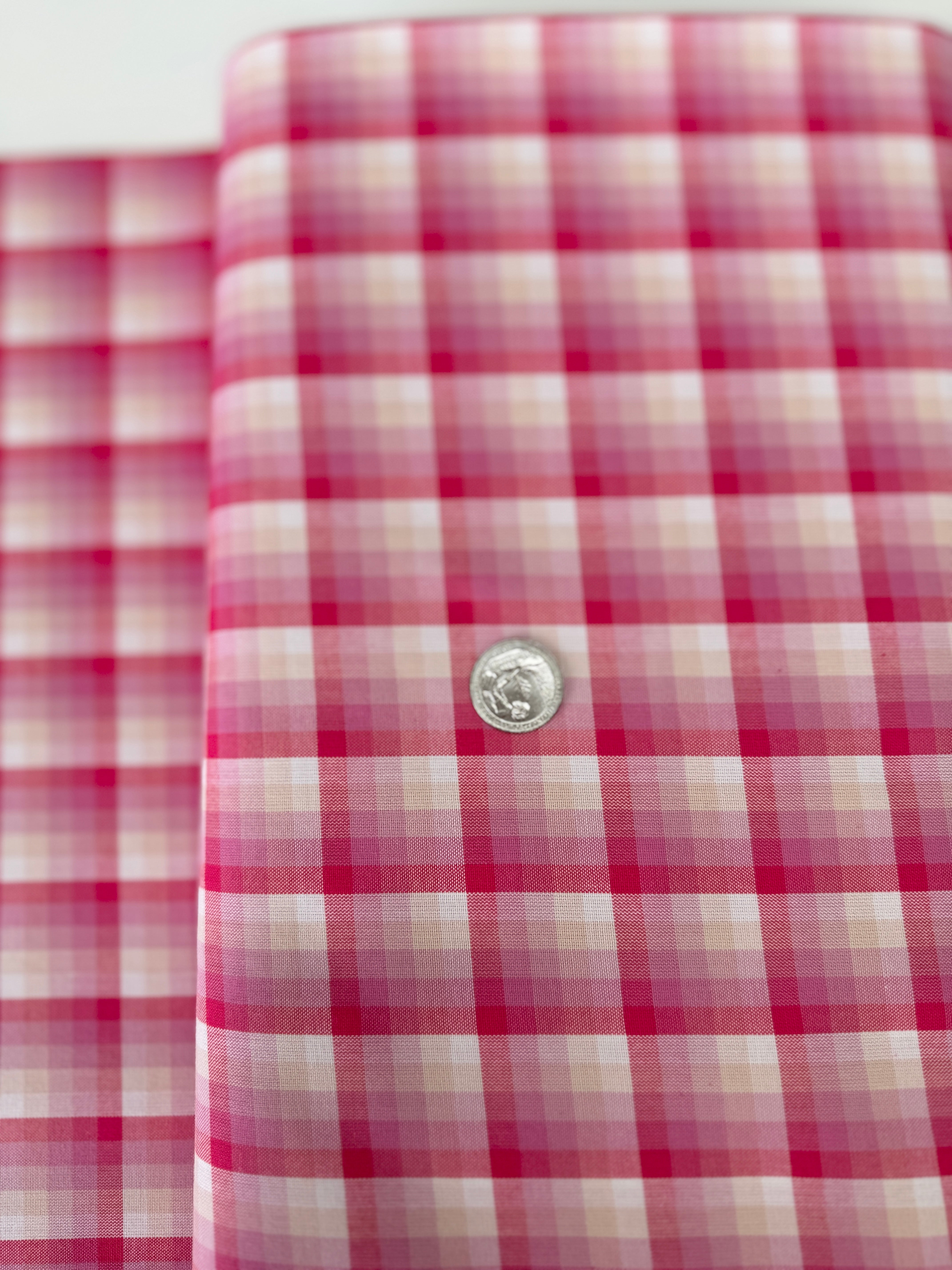 Kitchen Window Wovens Watermelon yarn‑dyed gingham cotton by Elizabeth Hartman – pink and white check, 43–44″ wide