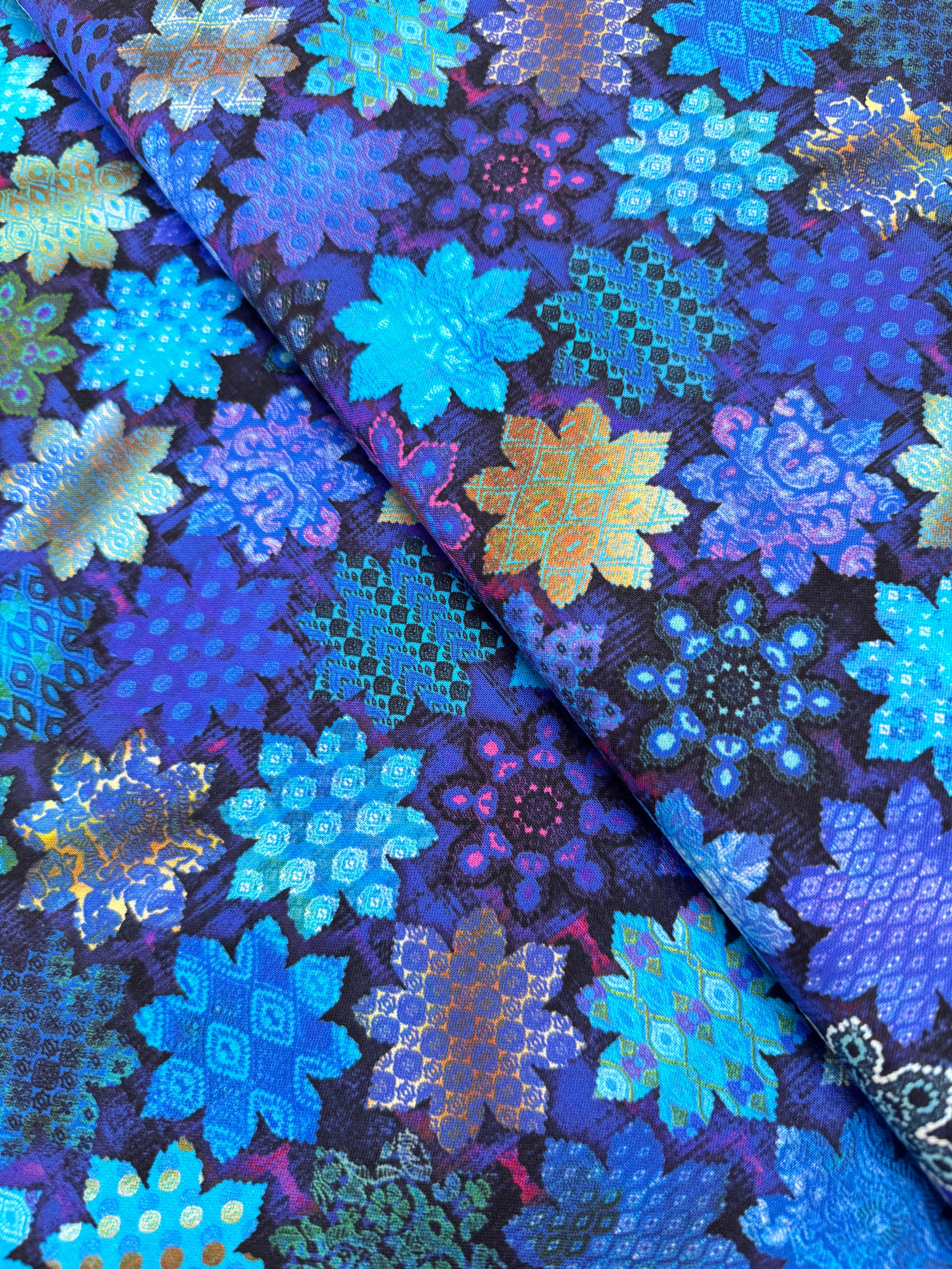 Flourish Tiles Sapphire digital cotton fabric by RJR Studio – blue floral tile pattern, 43–44″ wide