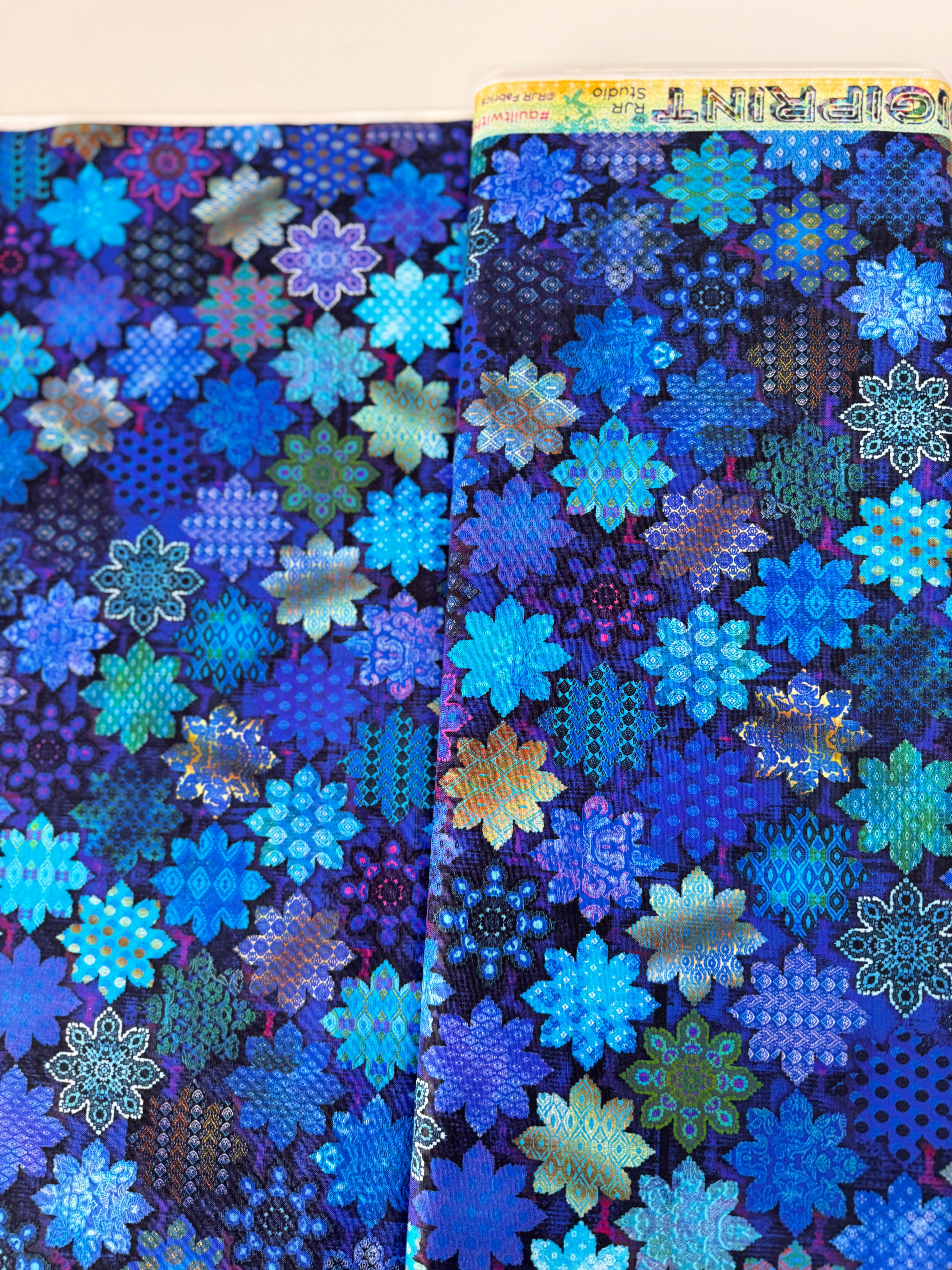 Flourish Tiles Sapphire digital cotton fabric by RJR Studio – blue floral tile pattern, 43–44″ wide
