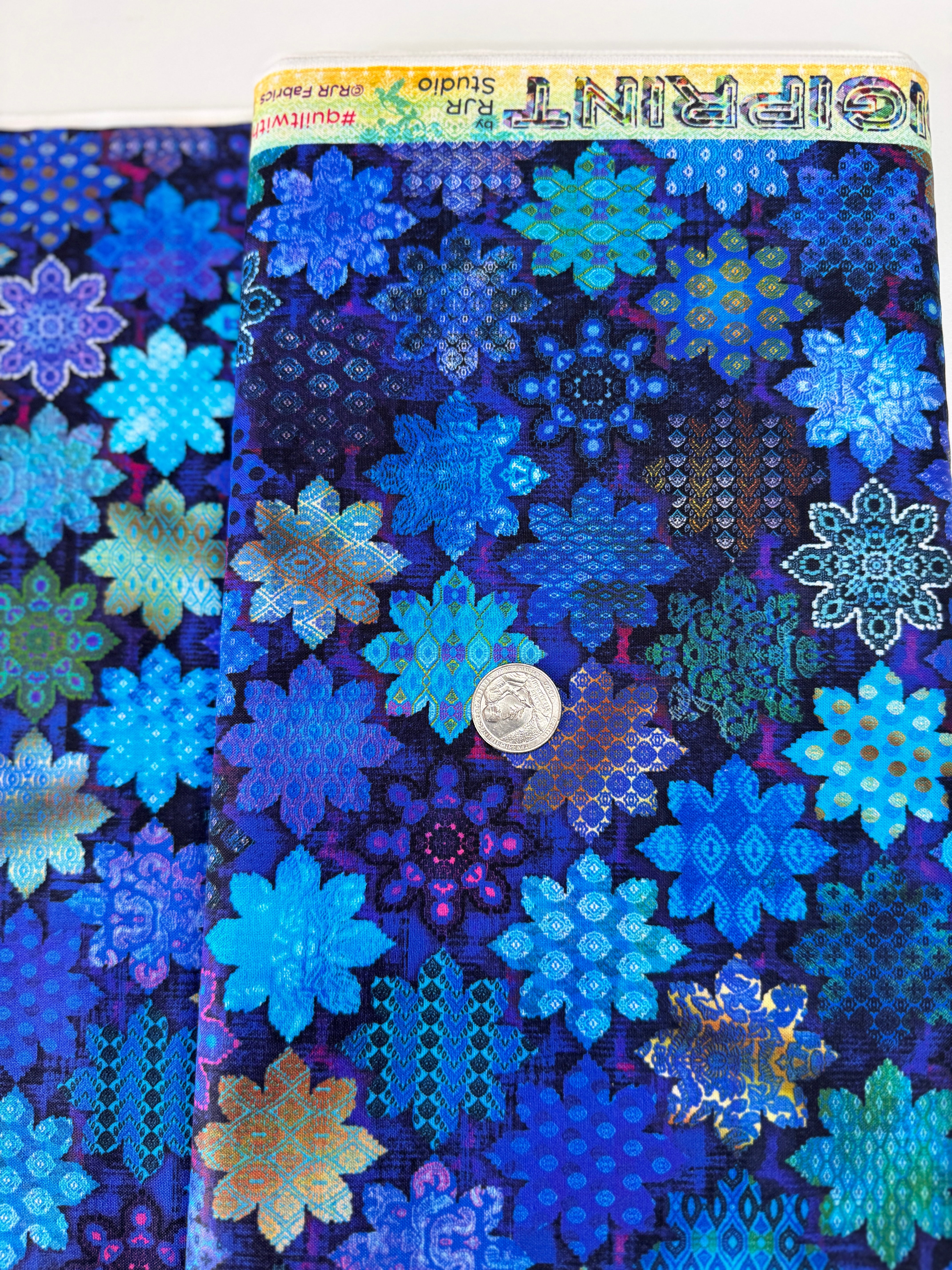 Flourish Tiles Sapphire digital cotton fabric by RJR Studio – blue floral tile pattern, 43–44″ wide
