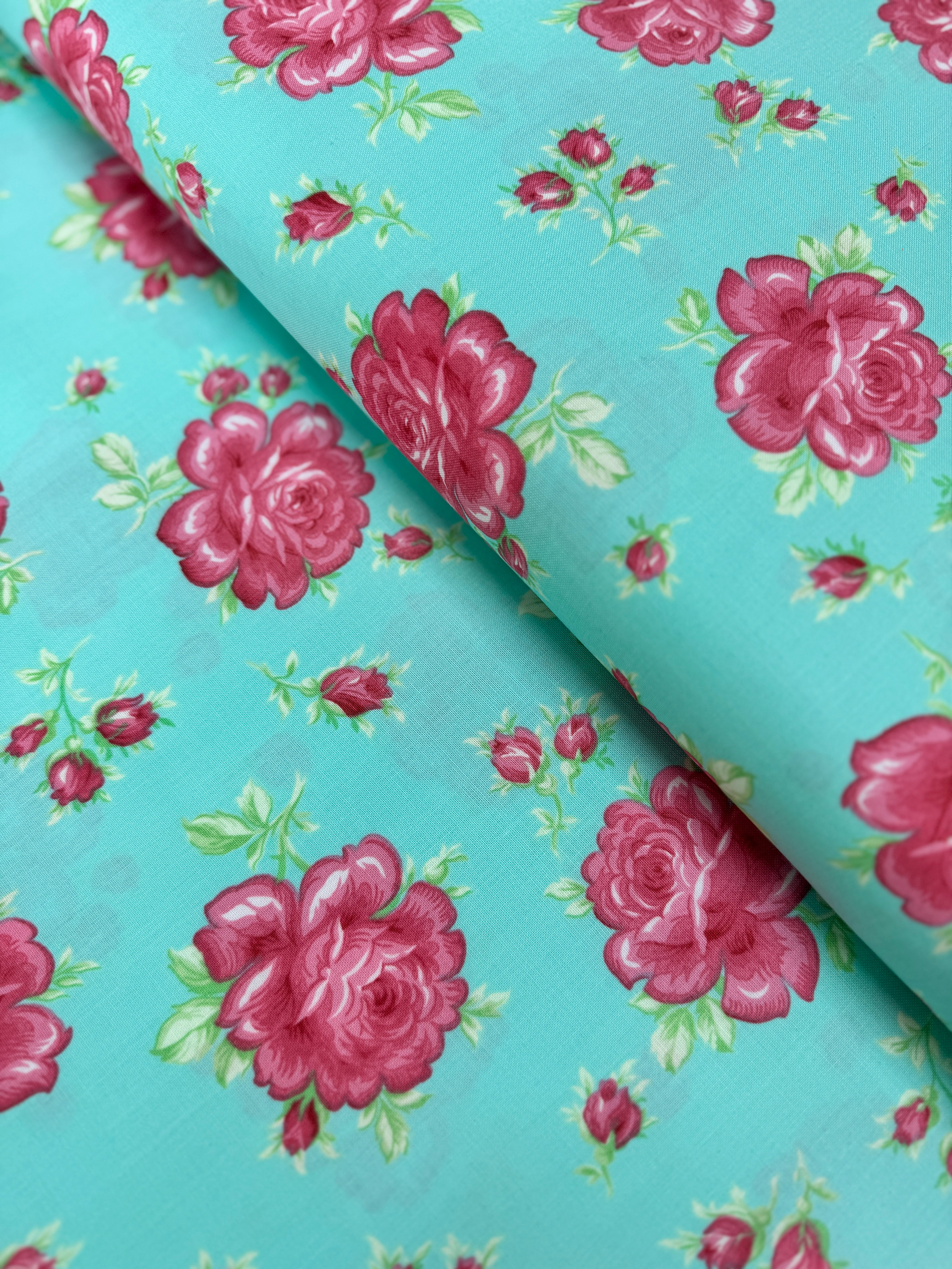 Sugar Bloom Icing Rose Aqua quilting cotton by Verna Mosquera for Free Spirit Fabrics – pink rose design on aqua background, 43″ wide