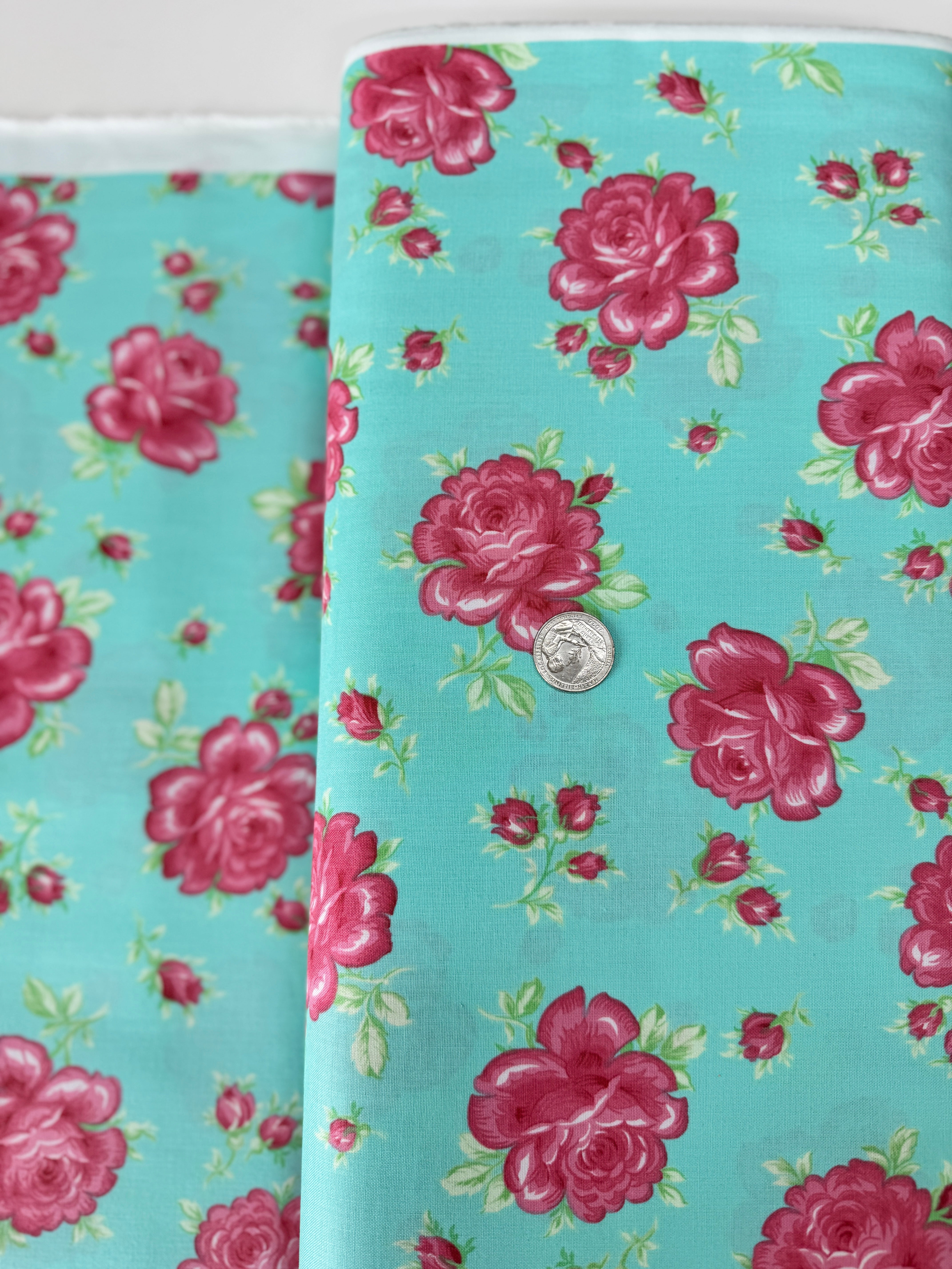 Sugar Bloom Icing Rose Aqua quilting cotton by Verna Mosquera for Free Spirit Fabrics – pink rose design on aqua background, 43″ wide