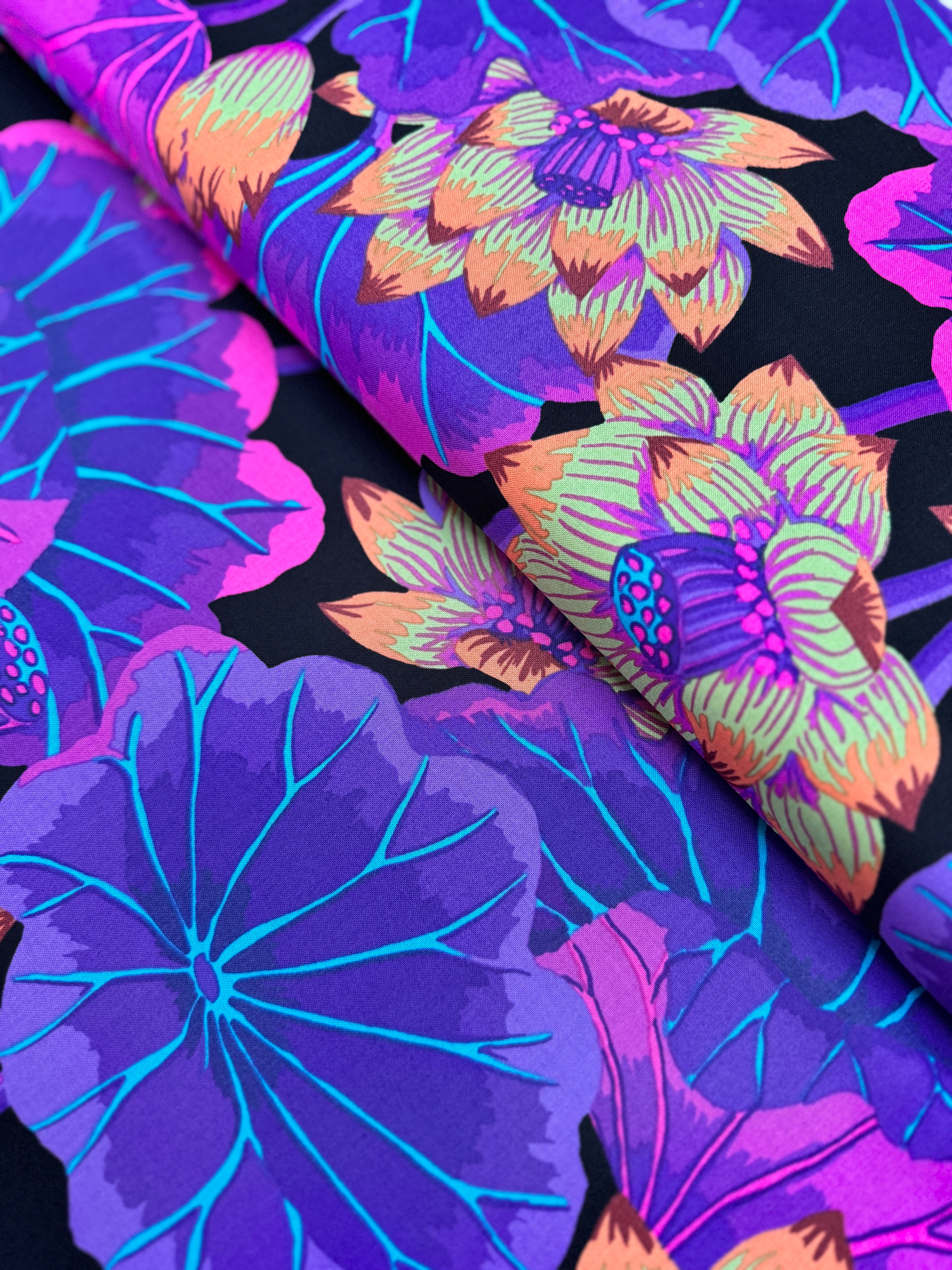 Lake Blossoms Black fabric by Philip Jacobs – Kaffe Fassett Collective for Free Spirit Fabrics – bold floral print on black cotton background