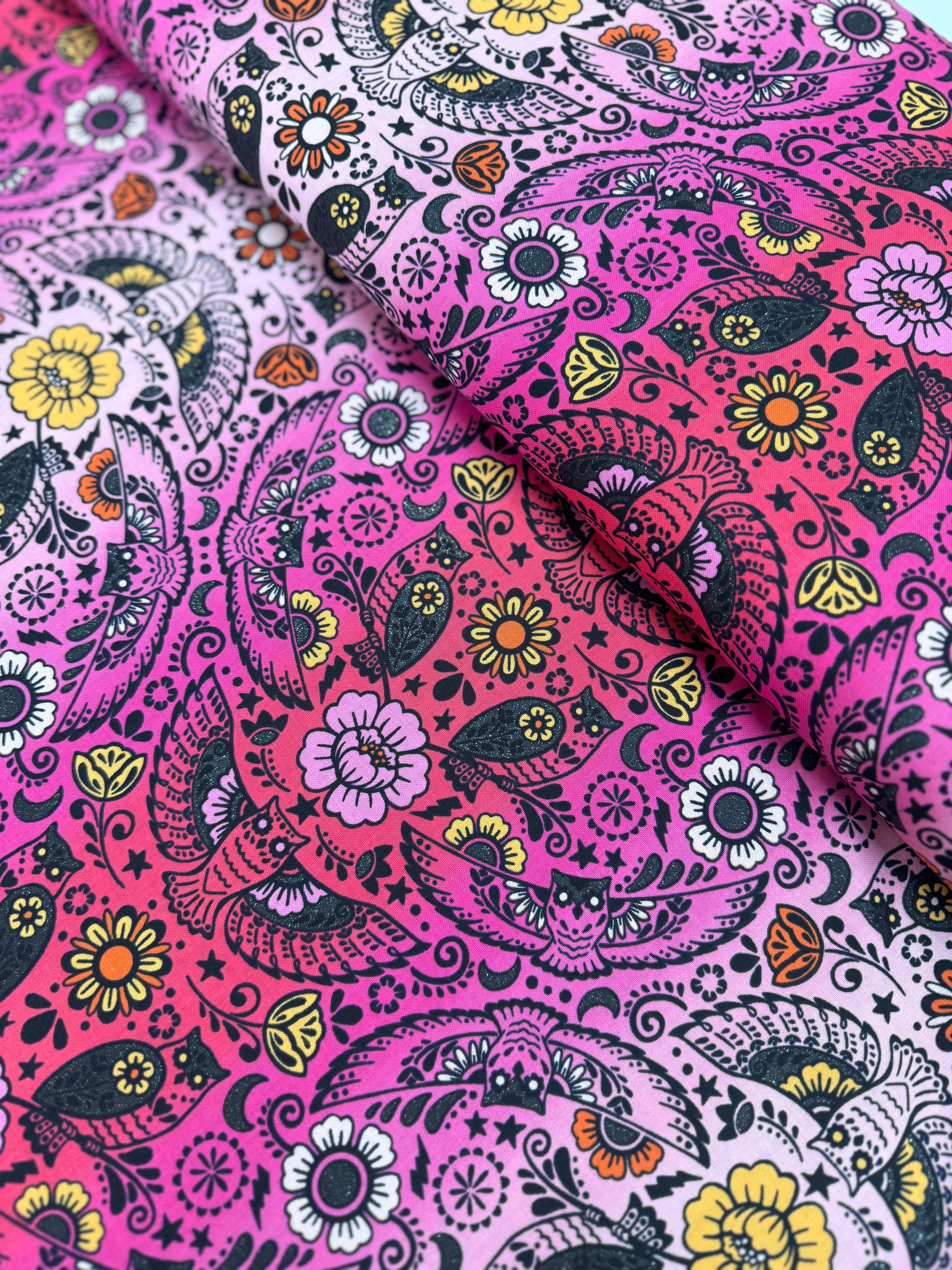 Wishwell Boodacious Candy Pink owl damask cotton fabric by Vanessa Lillrose & Linda Fitch – playful owl print on pink Robert Kaufman quilting cotton