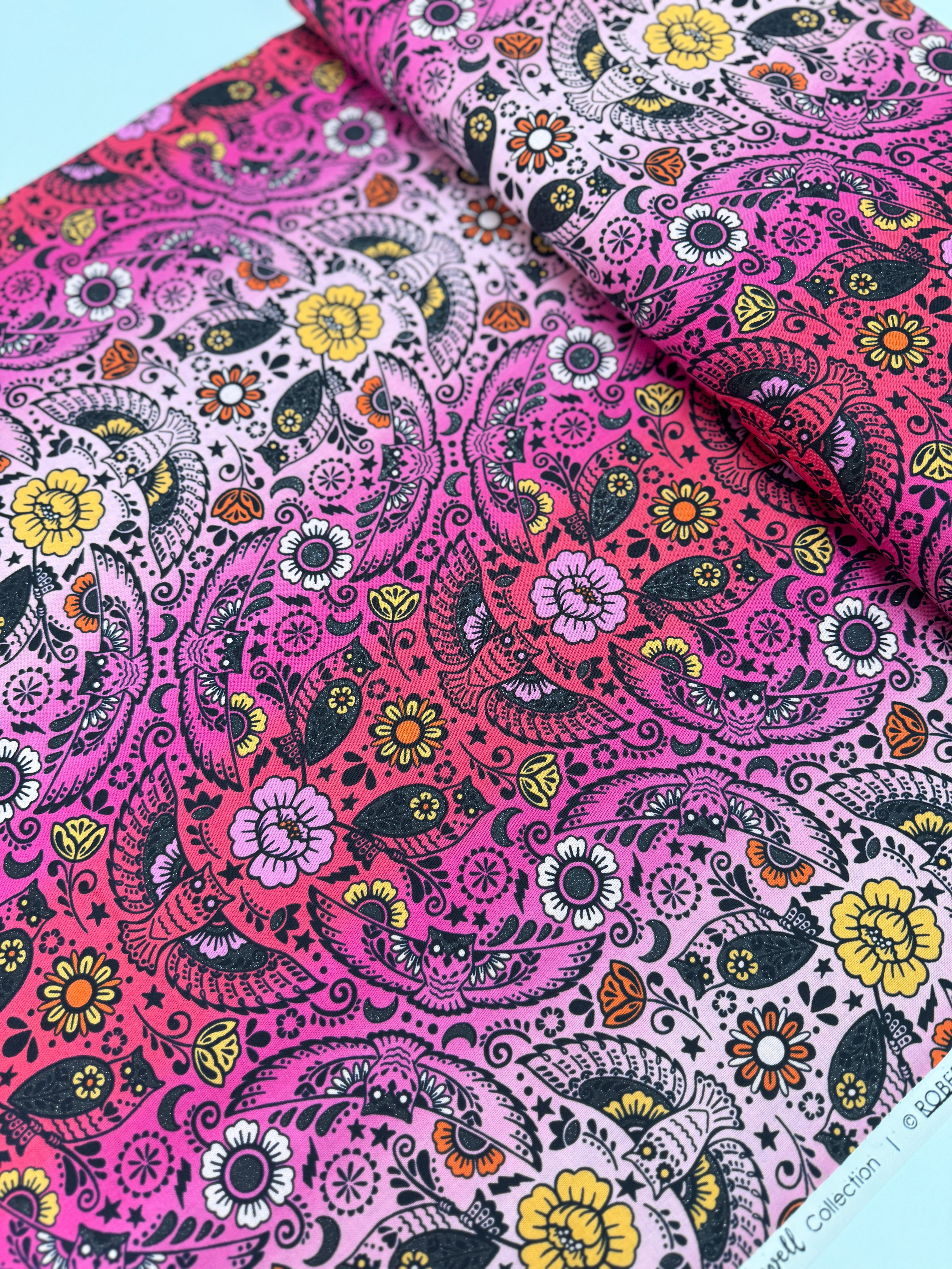 Wishwell Boodacious Candy Pink owl damask cotton fabric by Vanessa Lillrose & Linda Fitch – playful owl print on pink Robert Kaufman quilting cotton