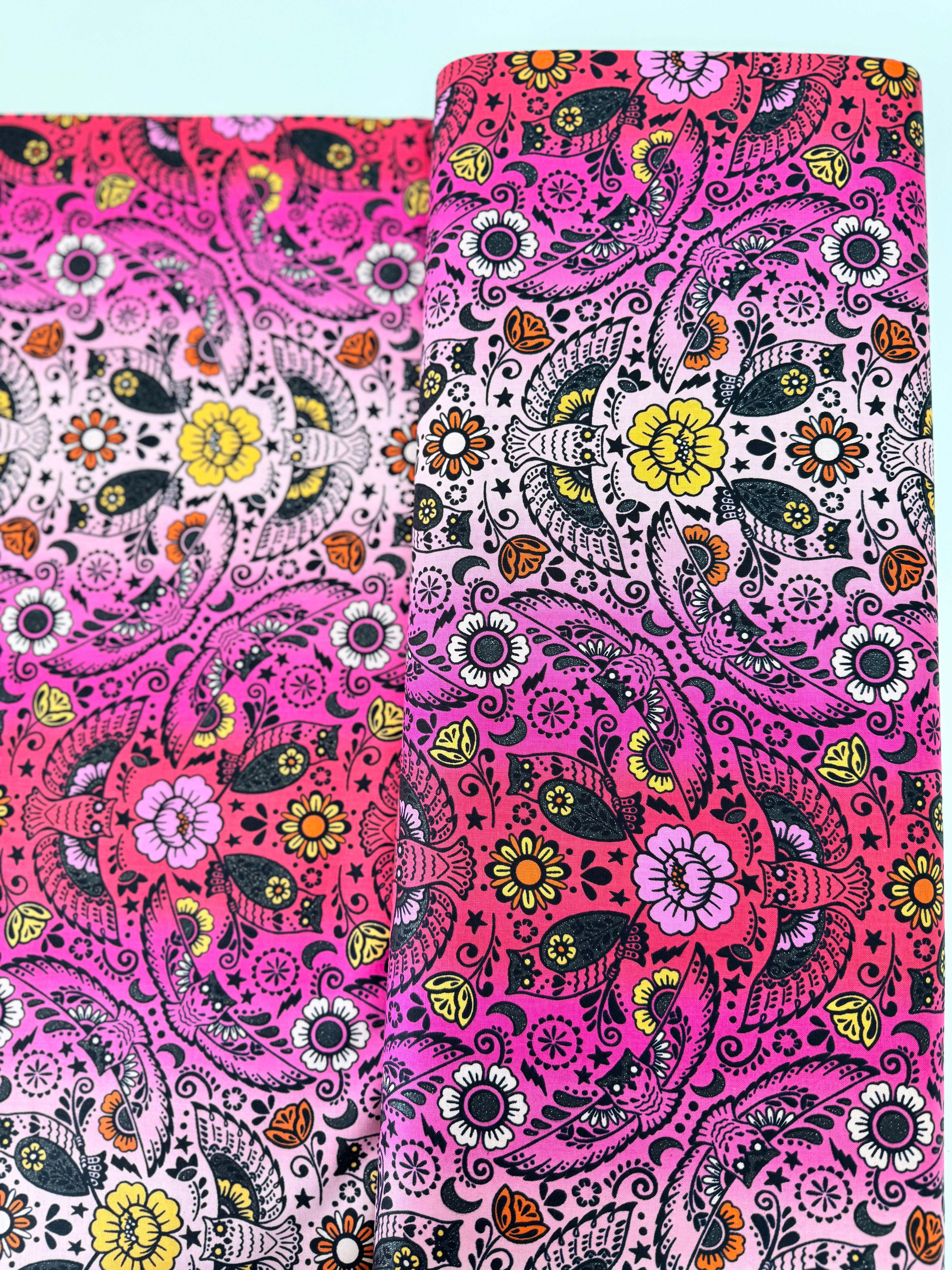 Wishwell Boodacious Candy Pink owl damask cotton fabric by Vanessa Lillrose & Linda Fitch – playful owl print on pink Robert Kaufman quilting cotton