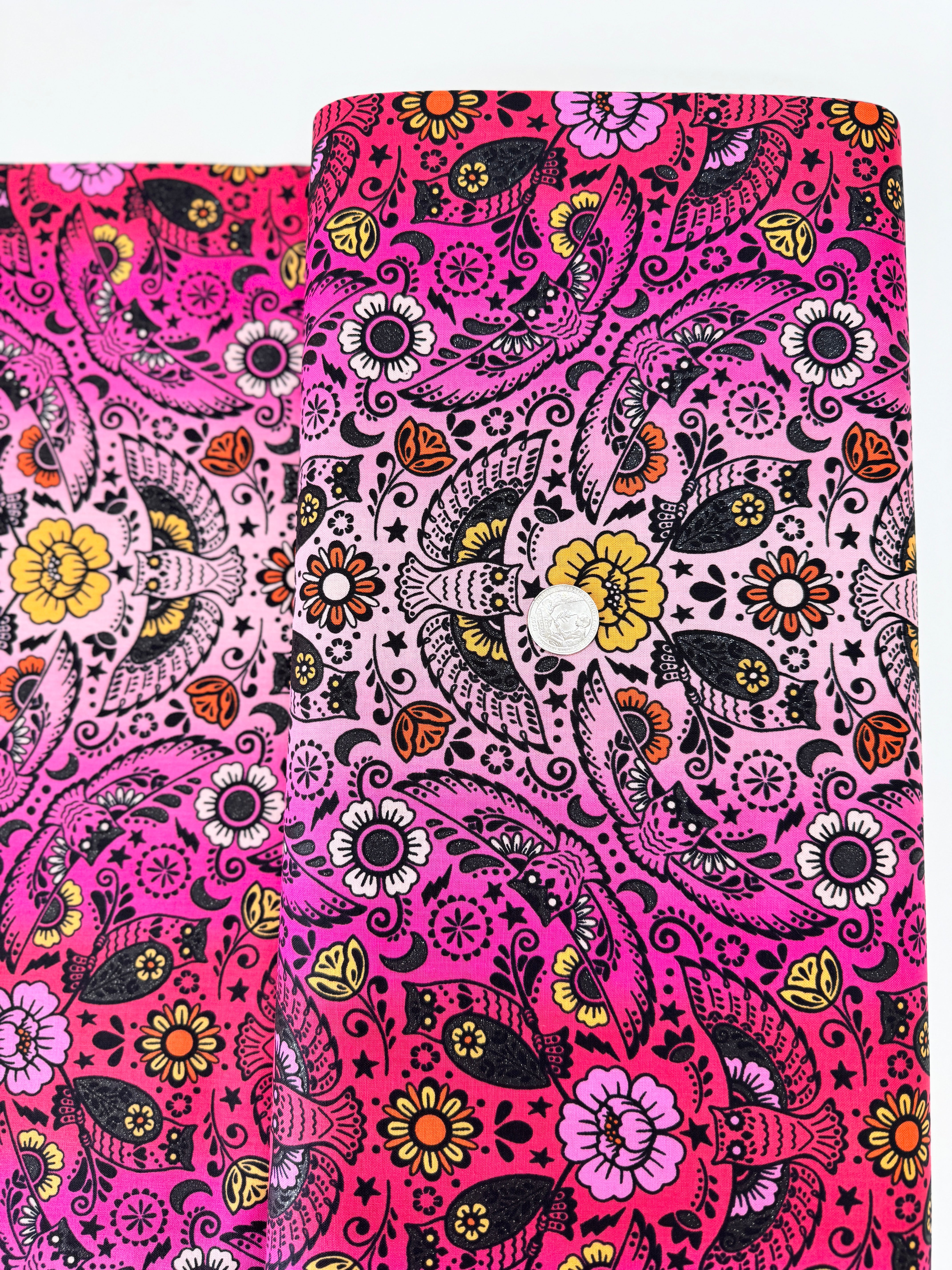 Wishwell Boodacious Candy Pink owl damask cotton fabric by Vanessa Lillrose & Linda Fitch – playful owl print on pink Robert Kaufman quilting cotton