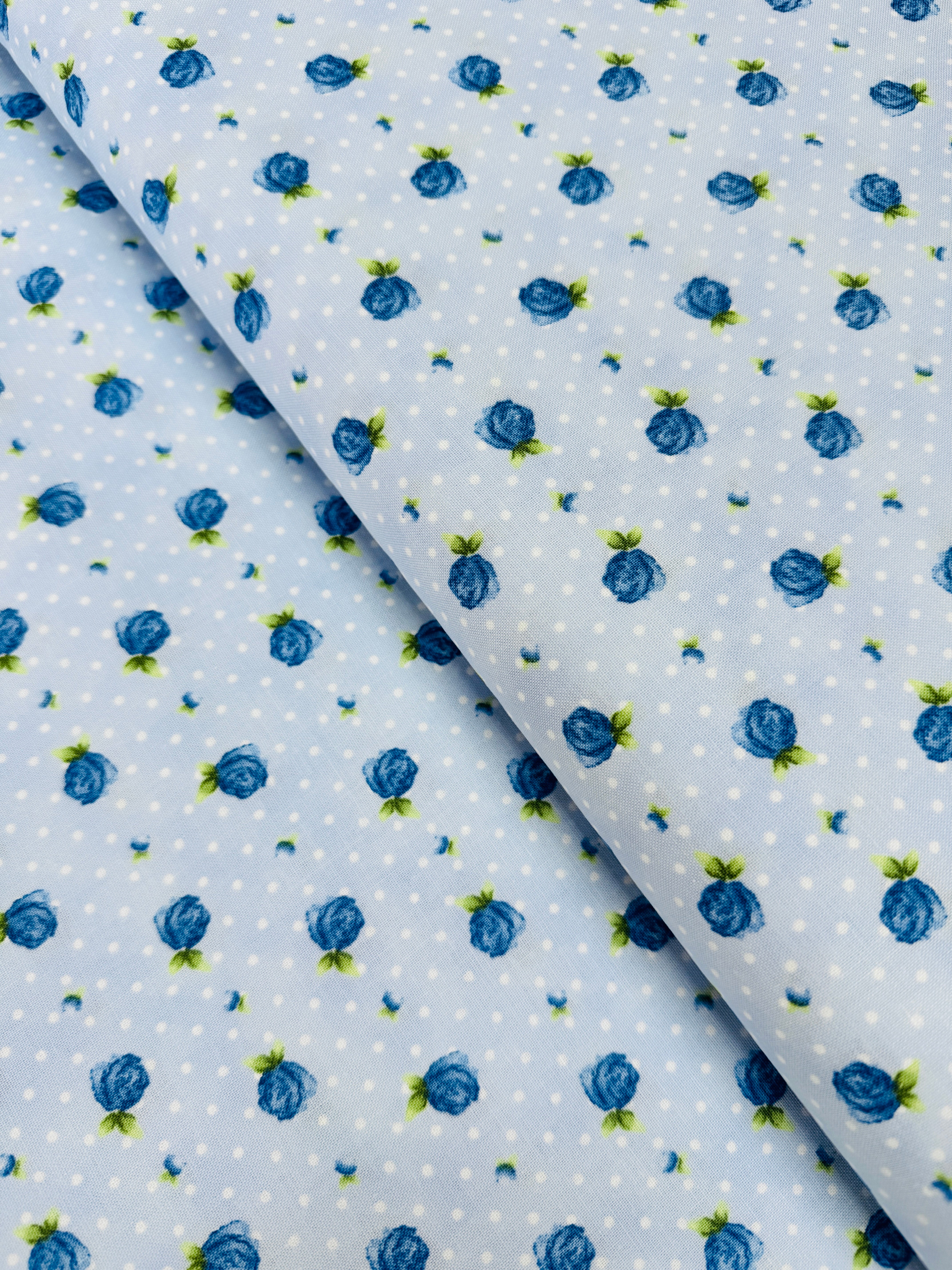 June’s Cottage Rosebud Raindrop 100% cotton quilting fabric by Briar Hill Designs for RJR Fabrics – small rosebud print on soft background, 43″/44″ wide