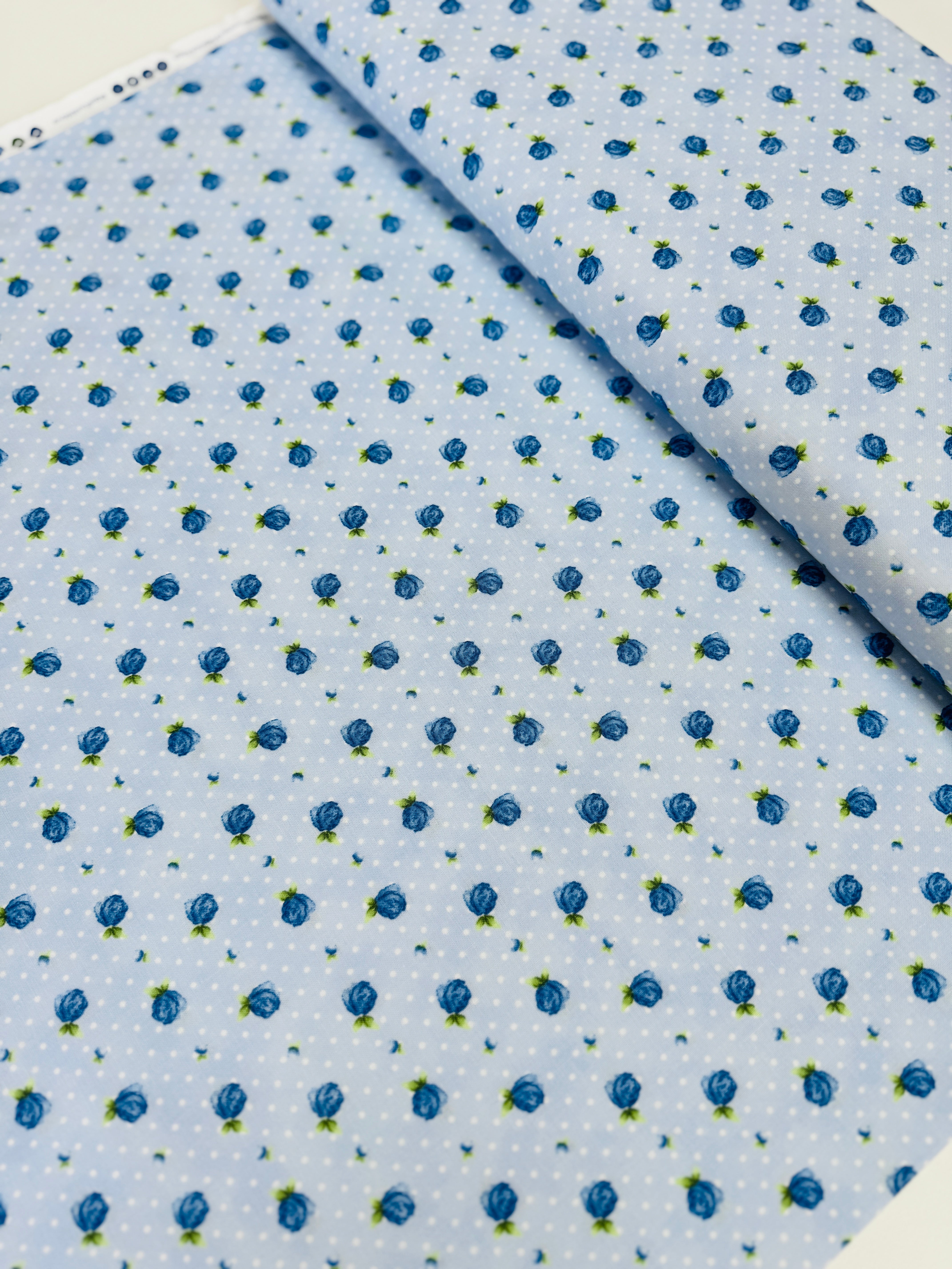 June’s Cottage Rosebud Raindrop 100% cotton quilting fabric by Briar Hill Designs for RJR Fabrics – small rosebud print on soft background, 43″/44″ wide