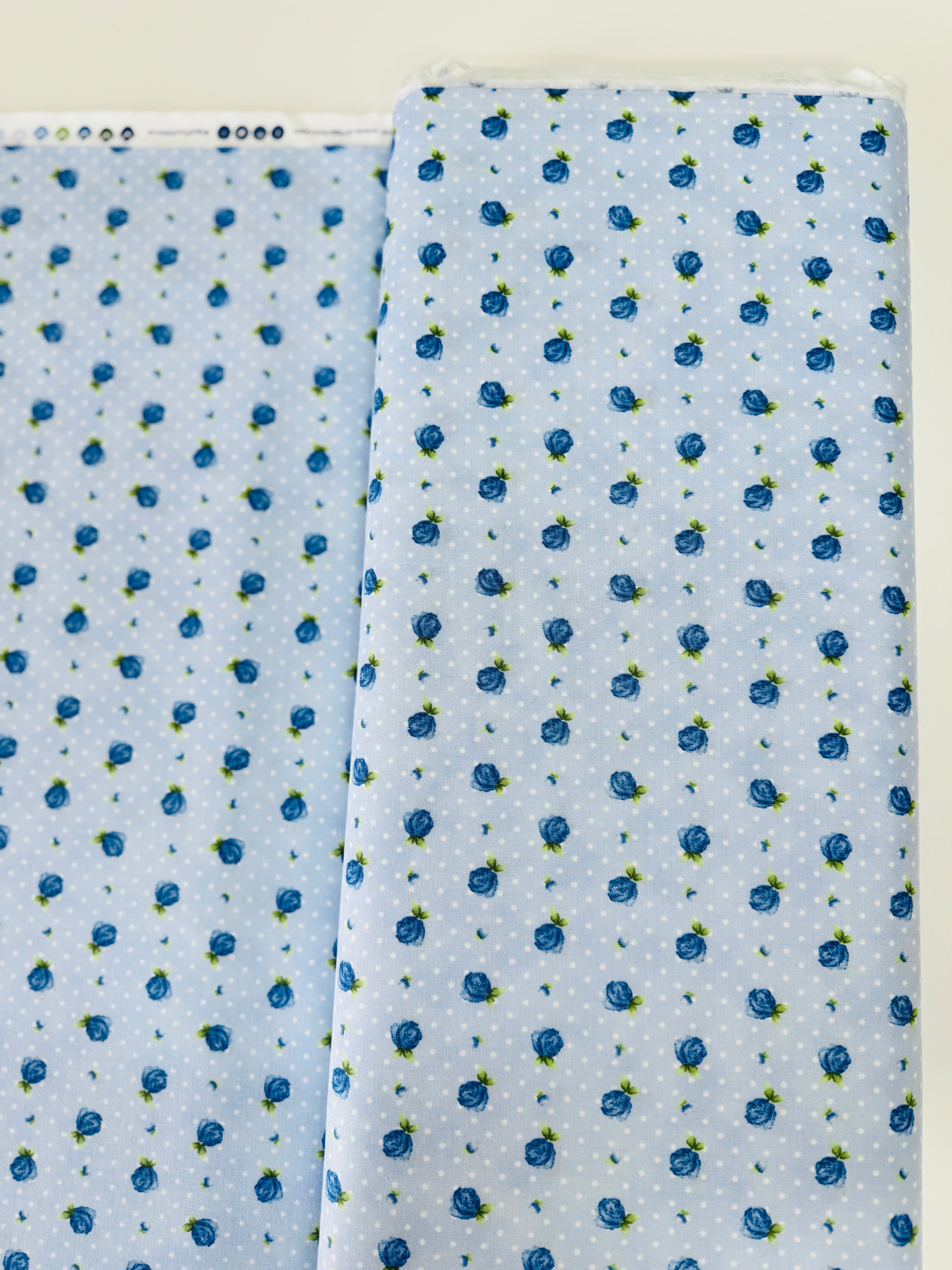 June’s Cottage Rosebud Raindrop 100% cotton quilting fabric by Briar Hill Designs for RJR Fabrics – small rosebud print on soft background, 43″/44″ wide