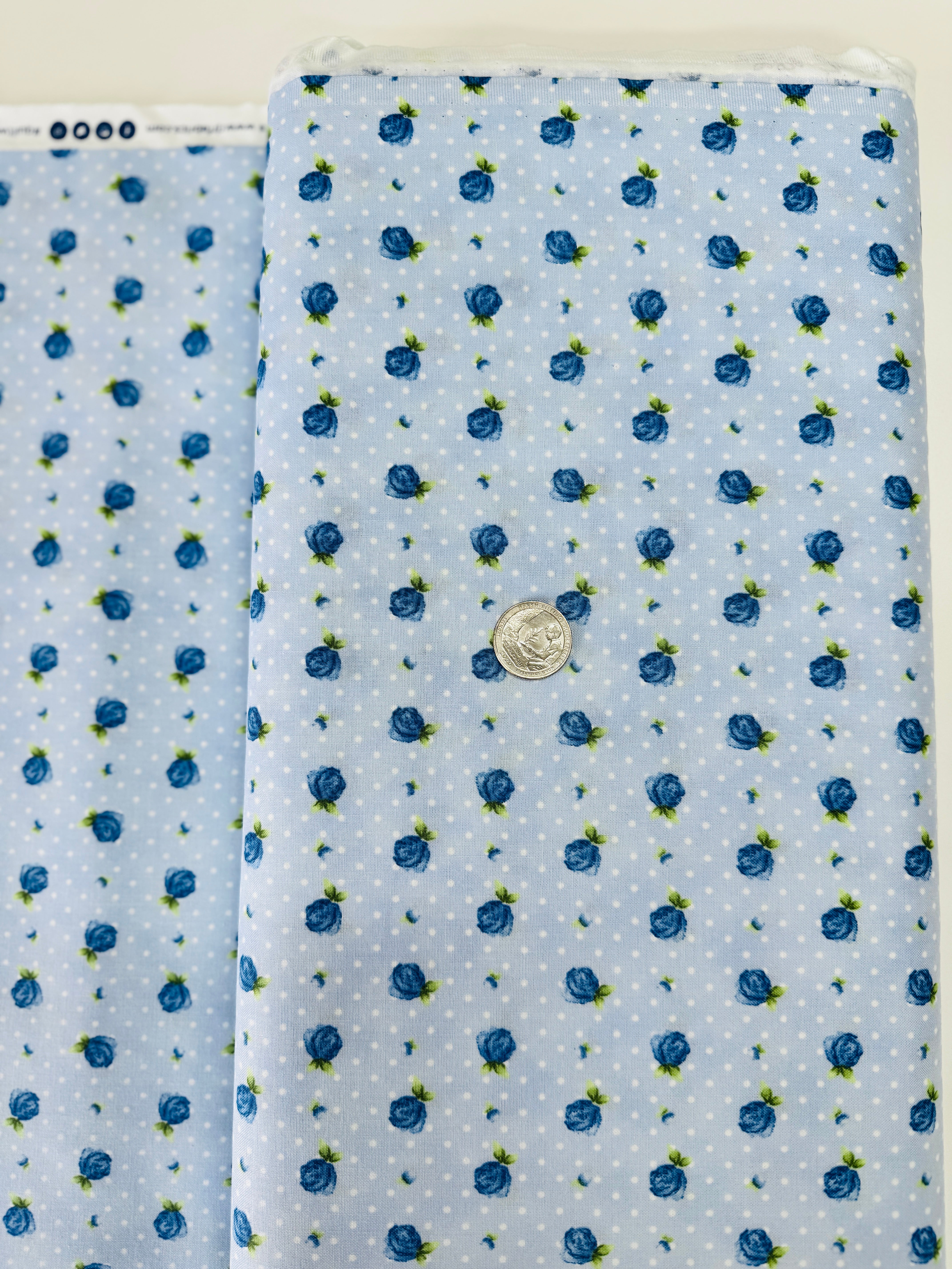 June’s Cottage Rosebud Raindrop 100% cotton quilting fabric by Briar Hill Designs for RJR Fabrics – small rosebud print on soft background, 43″/44″ wide