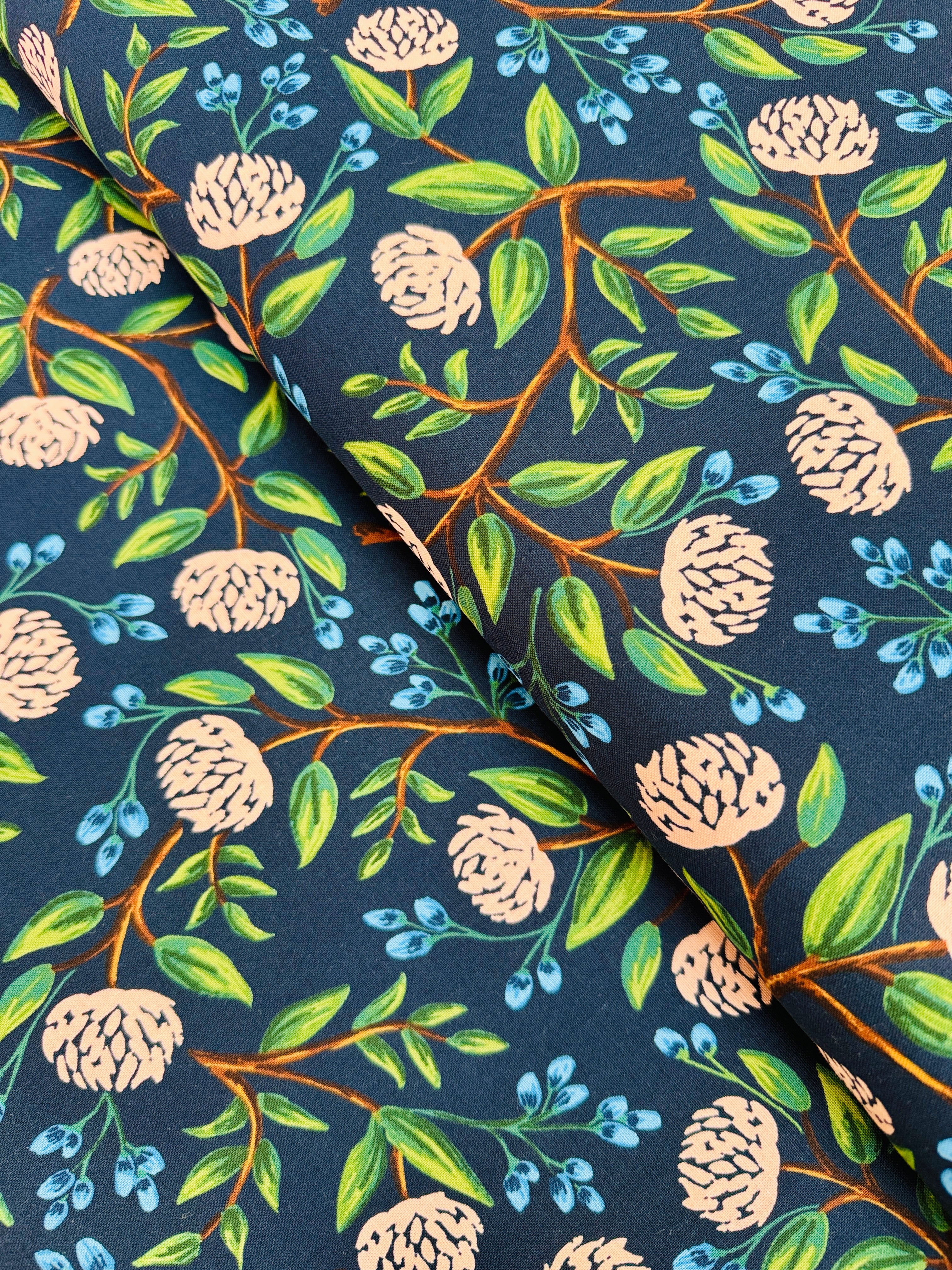 Wildwood Peonies Navy fabric by Rifle Paper Co. – peonies on navy cotton quilting fabric, 43″ wide