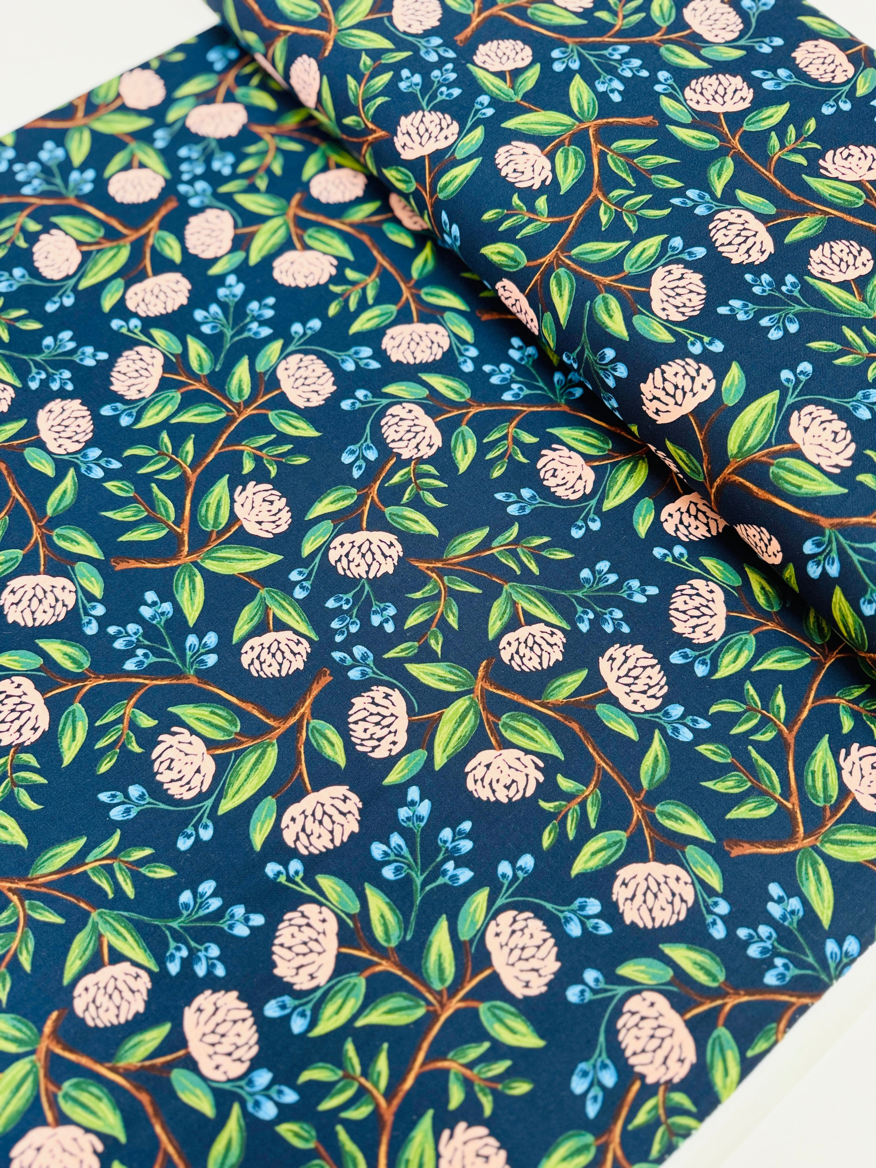 Wildwood Peonies Navy fabric by Rifle Paper Co. – peonies on navy cotton quilting fabric, 43″ wide