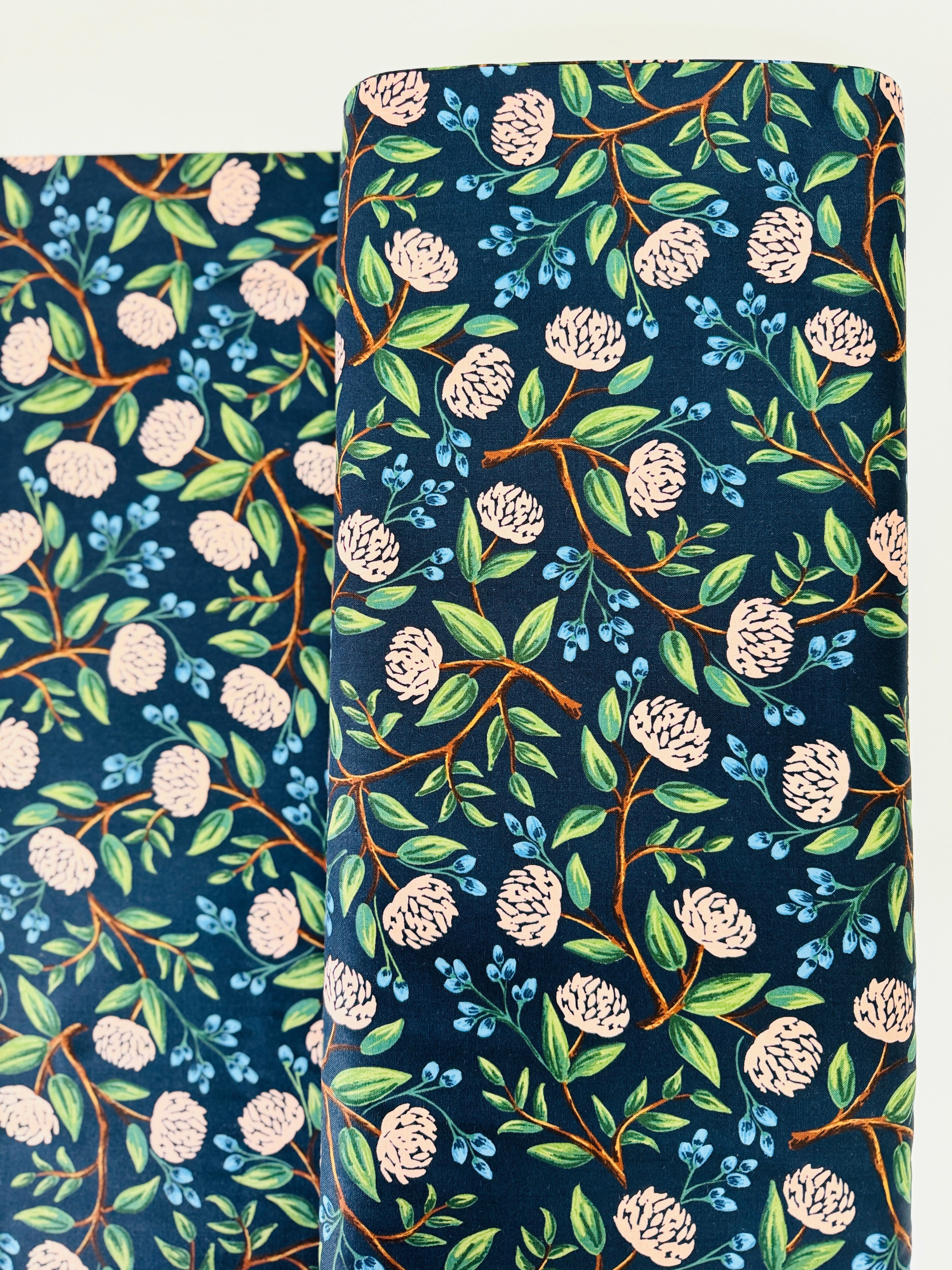 Wildwood Peonies Navy fabric by Rifle Paper Co. – peonies on navy cotton quilting fabric, 43″ wide