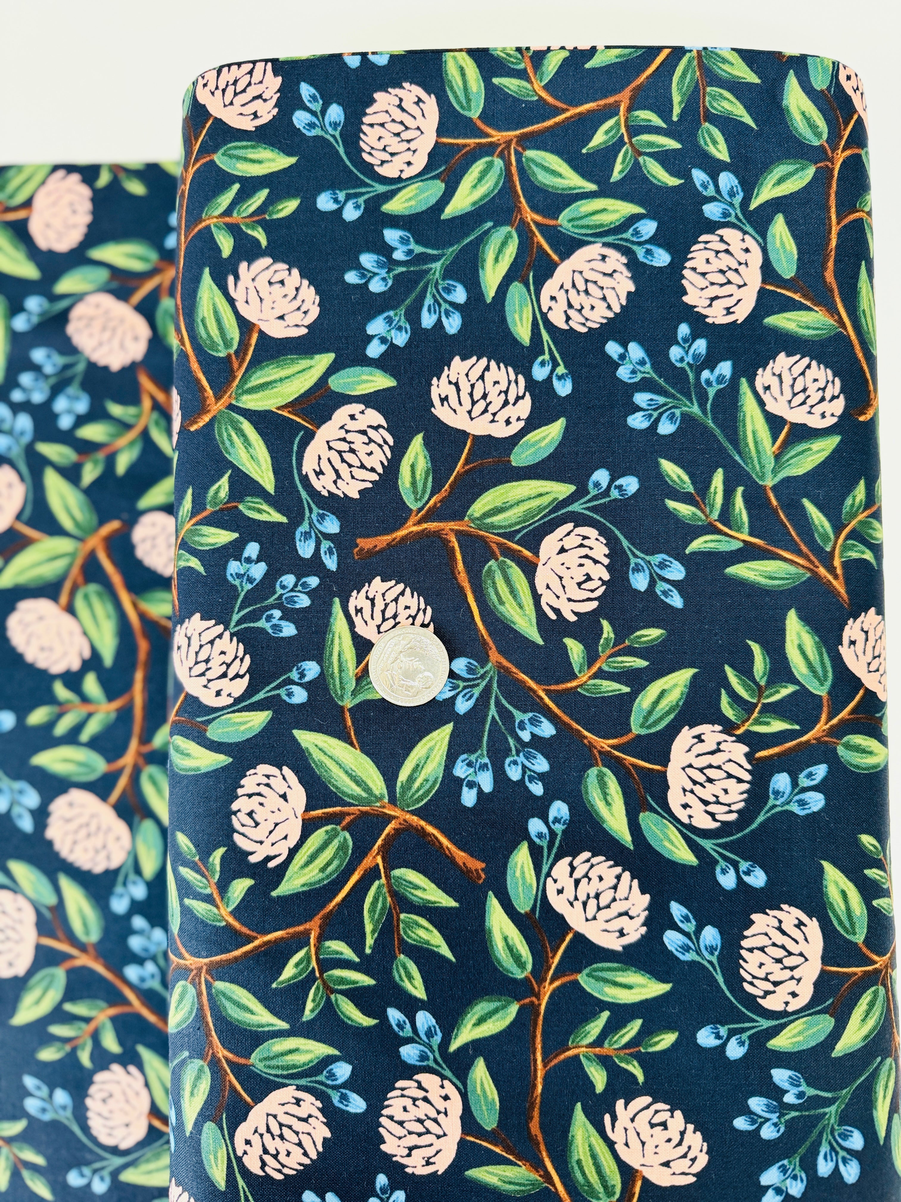 Wildwood Peonies Navy fabric by Rifle Paper Co. – peonies on navy cotton quilting fabric, 43″ wide