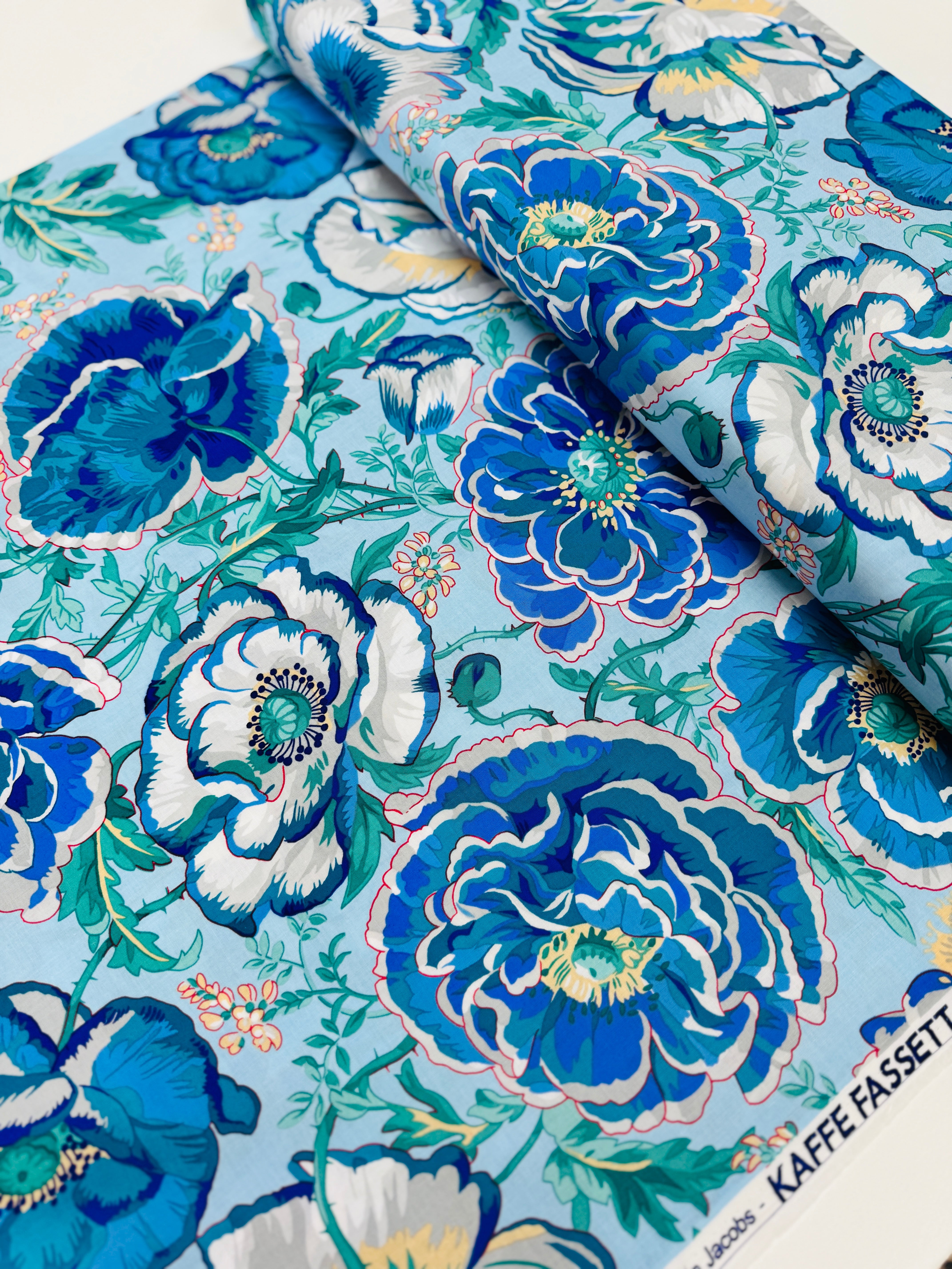 Dorothy Blue floral fabric by Philip Jacobs for Kaffe Fassett Collective – bold blue flowers cotton print.