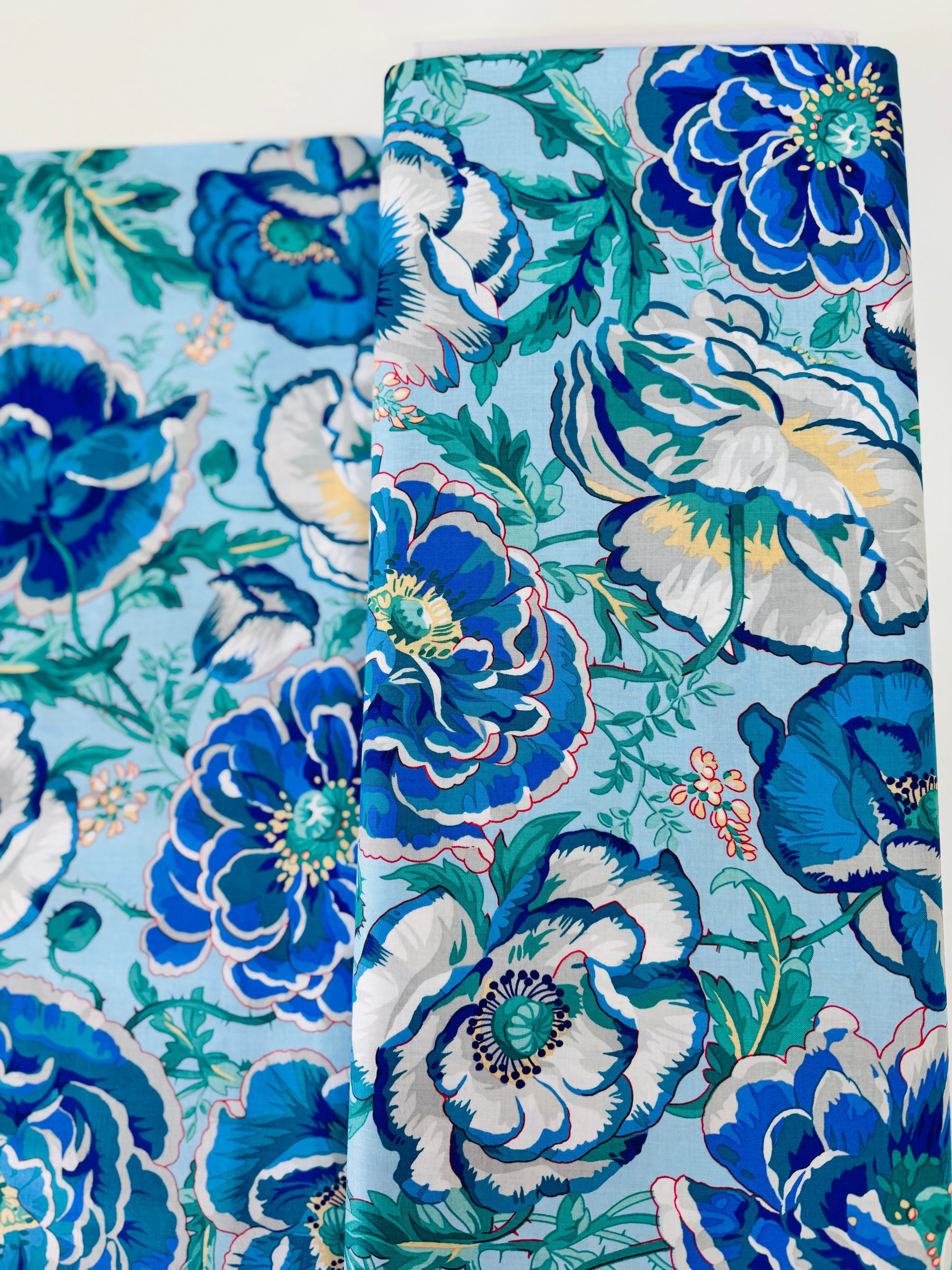 Dorothy Blue floral fabric by Philip Jacobs for Kaffe Fassett Collective – bold blue flowers cotton print.