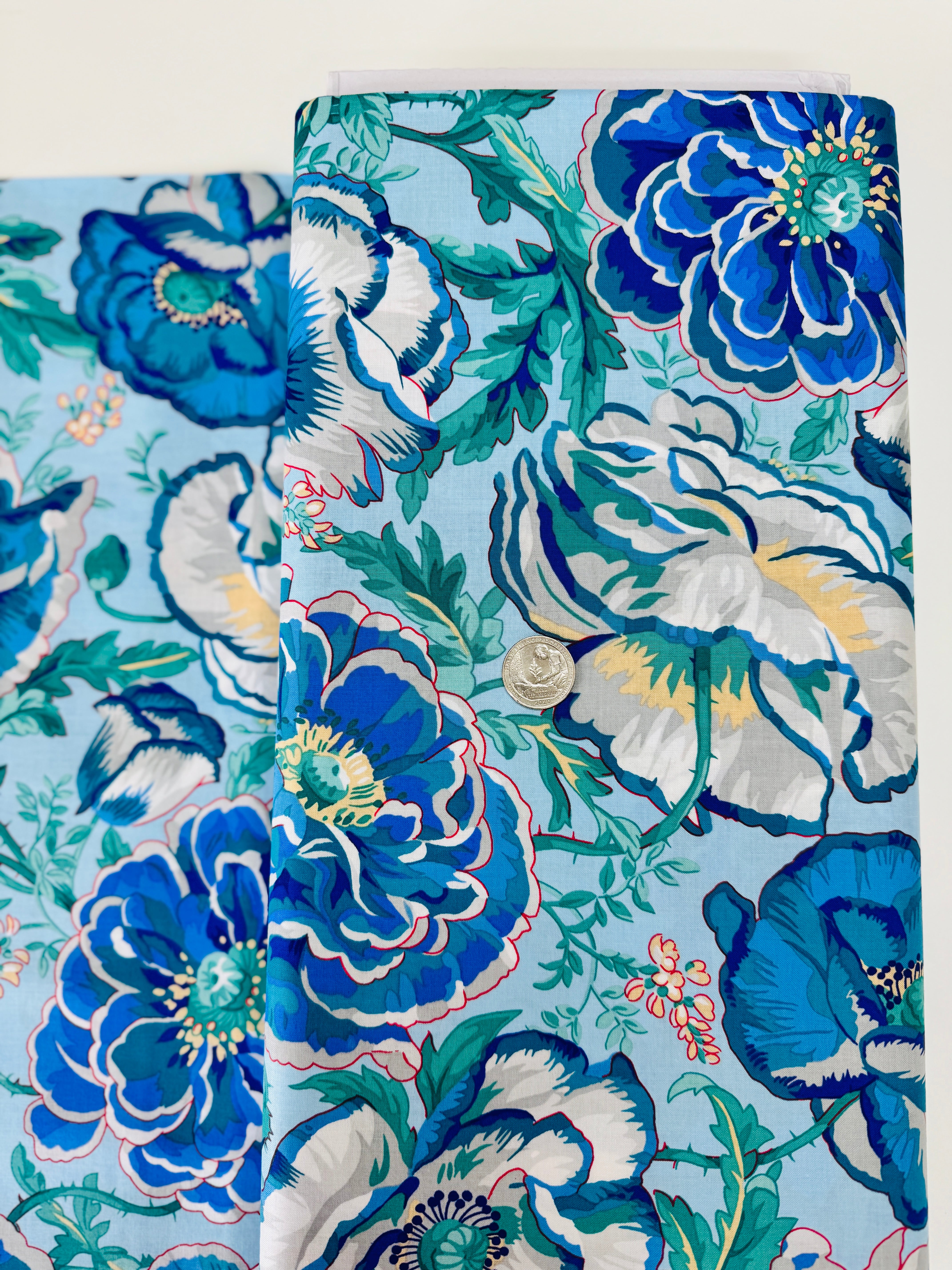 Dorothy Blue floral fabric by Philip Jacobs for Kaffe Fassett Collective – bold blue flowers cotton print.