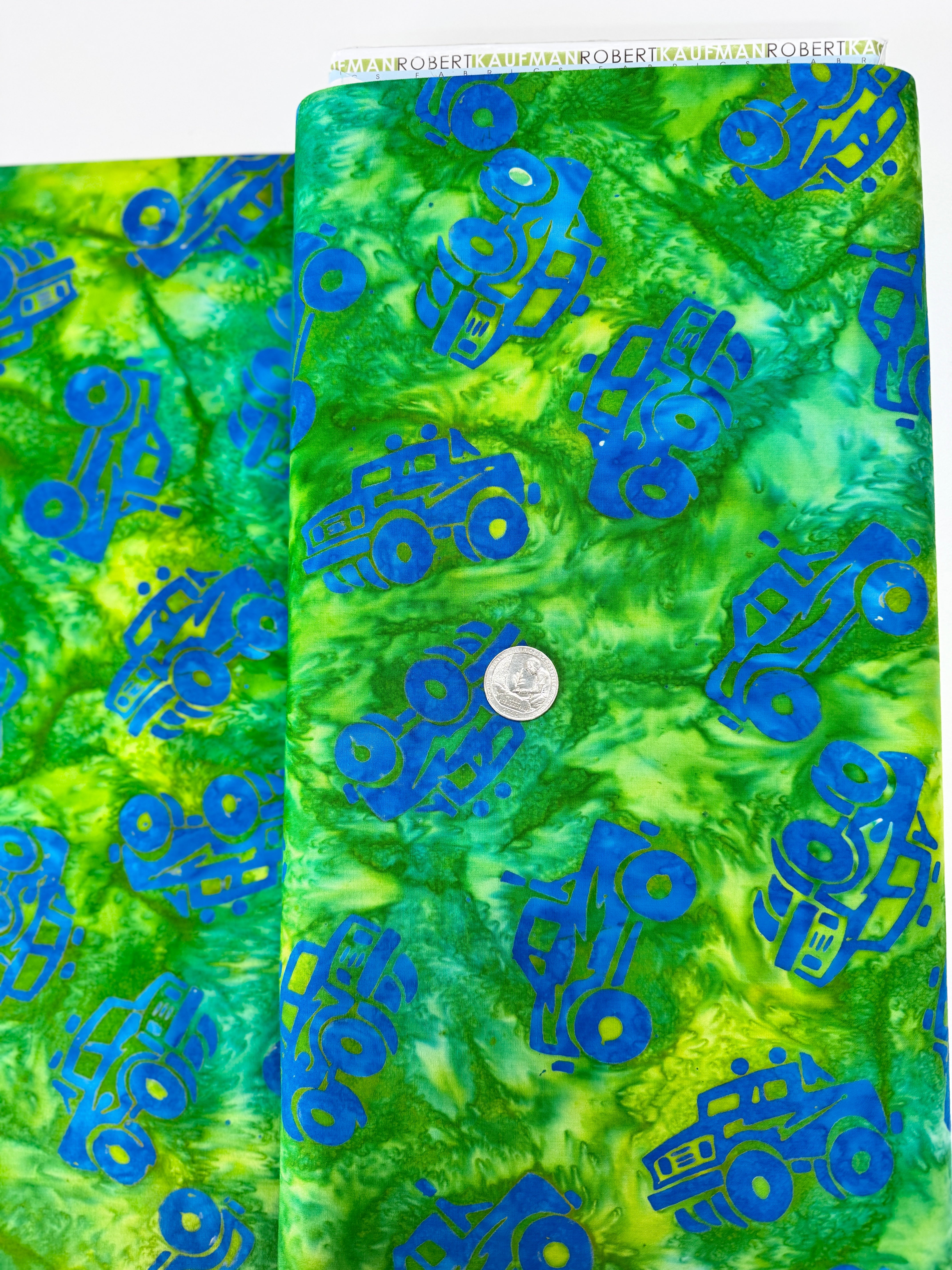 Trucks and Tracks batik fabric by Lunn Studios – vehicles motif on quilt‑weight cotton from Robert Kaufman