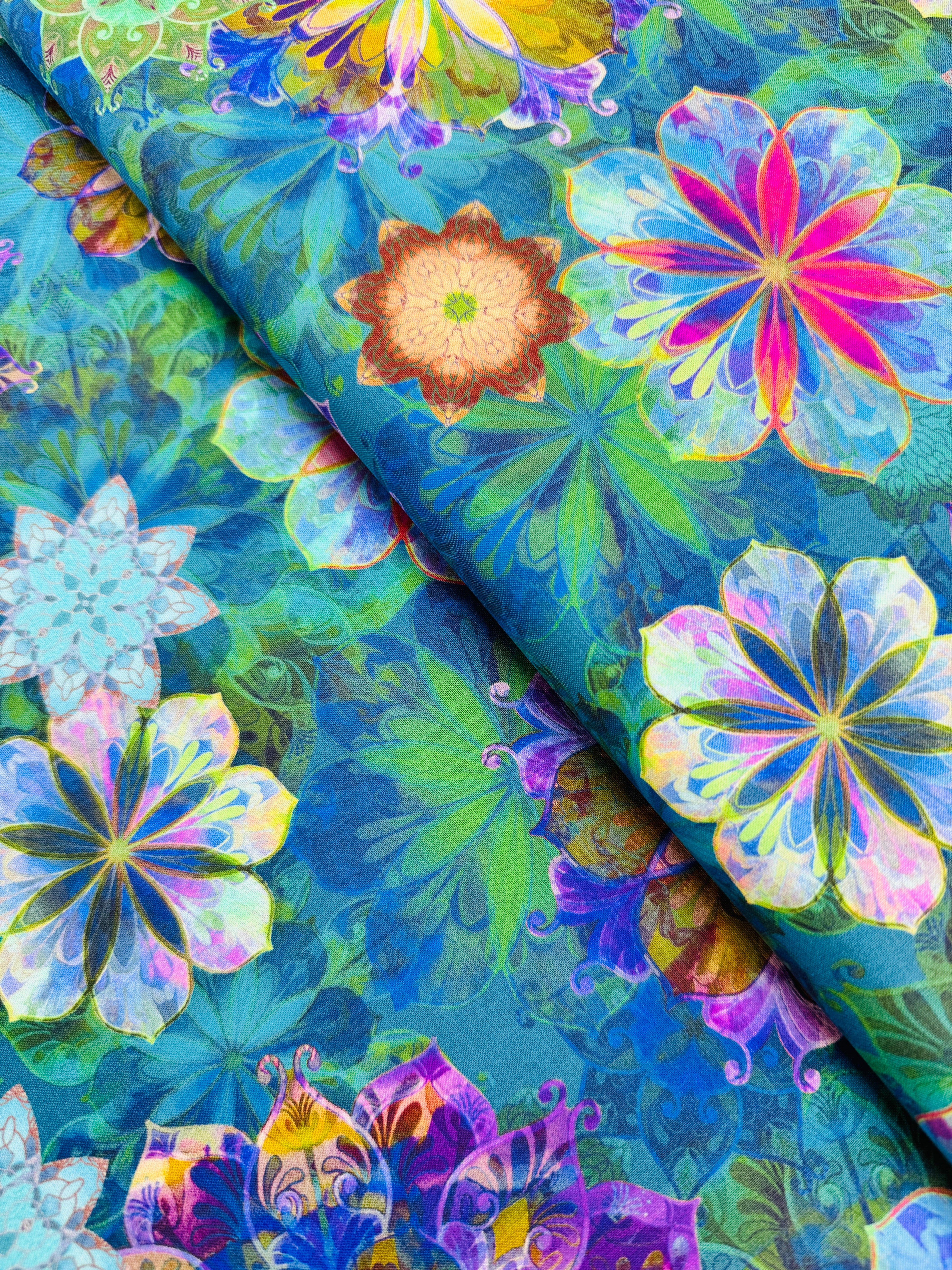 Venice Florals Teal 100% cotton fabric by Christiane Marques for Robert Kaufman – layered painterly teal, green, pink floral print