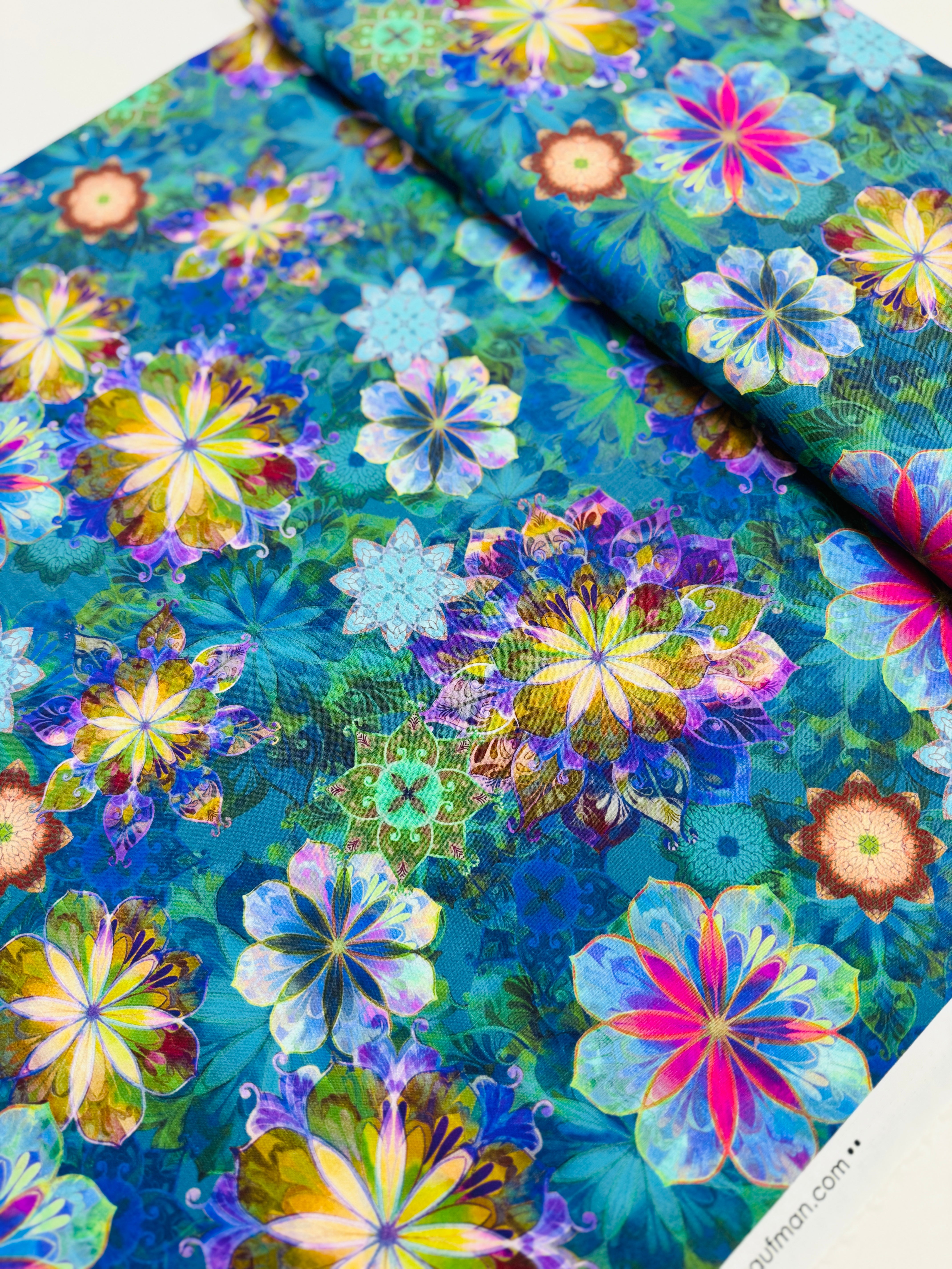 Venice Florals Teal 100% cotton fabric by Christiane Marques for Robert Kaufman – layered painterly teal, green, pink floral print