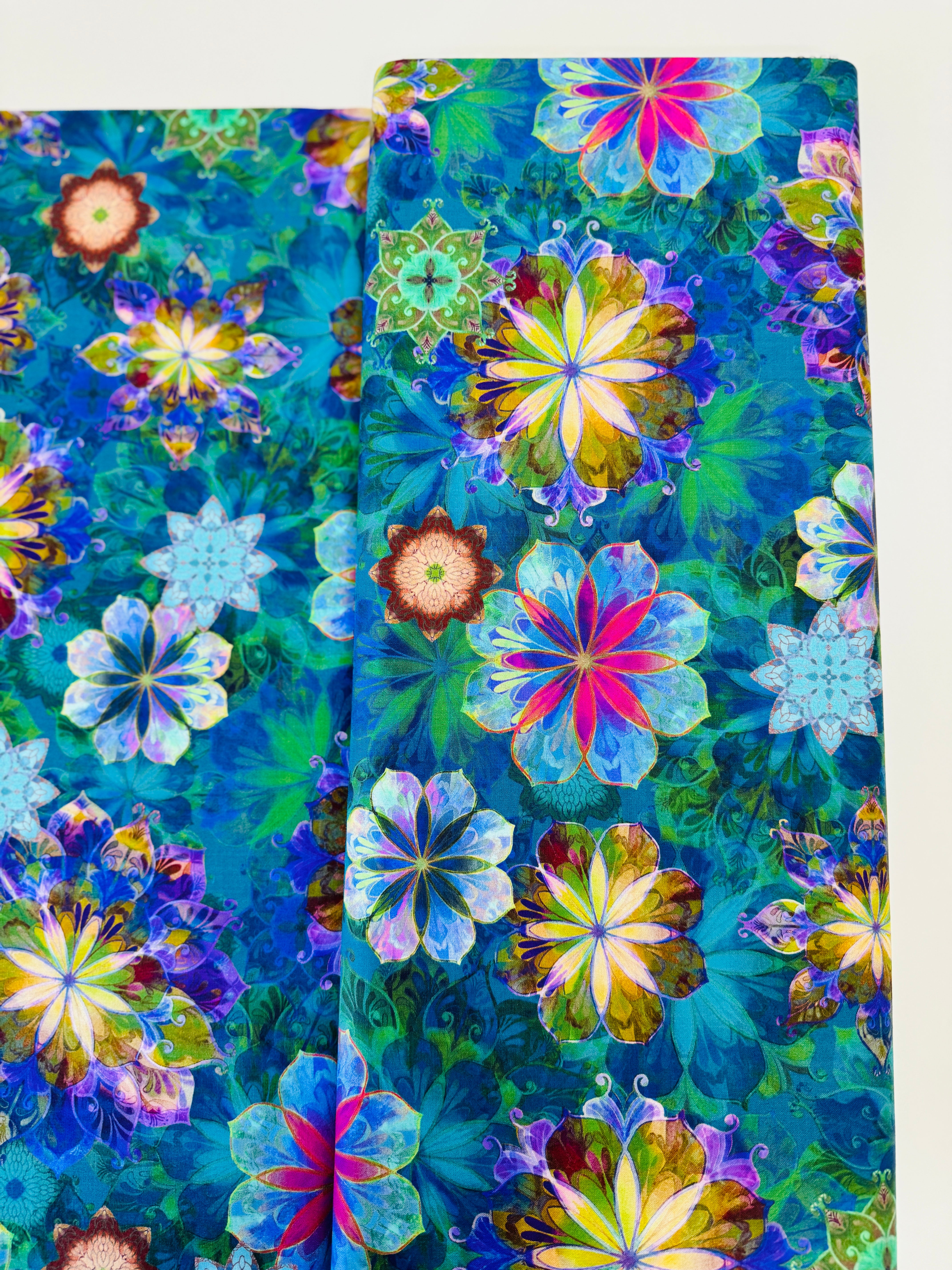 Venice Florals Teal 100% cotton fabric by Christiane Marques for Robert Kaufman – layered painterly teal, green, pink floral print