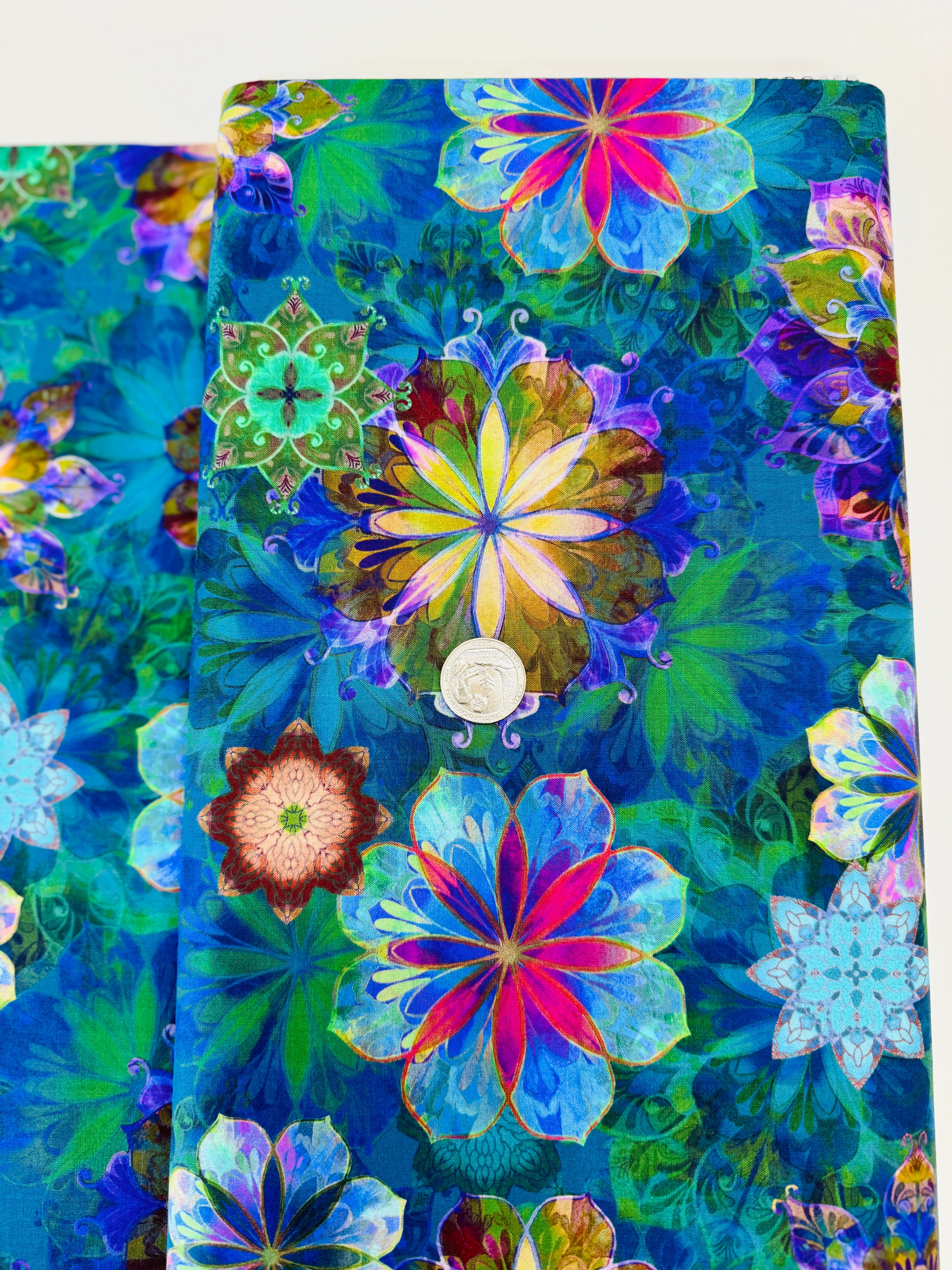 Venice Florals Teal 100% cotton fabric by Christiane Marques for Robert Kaufman – layered painterly teal, green, pink floral print