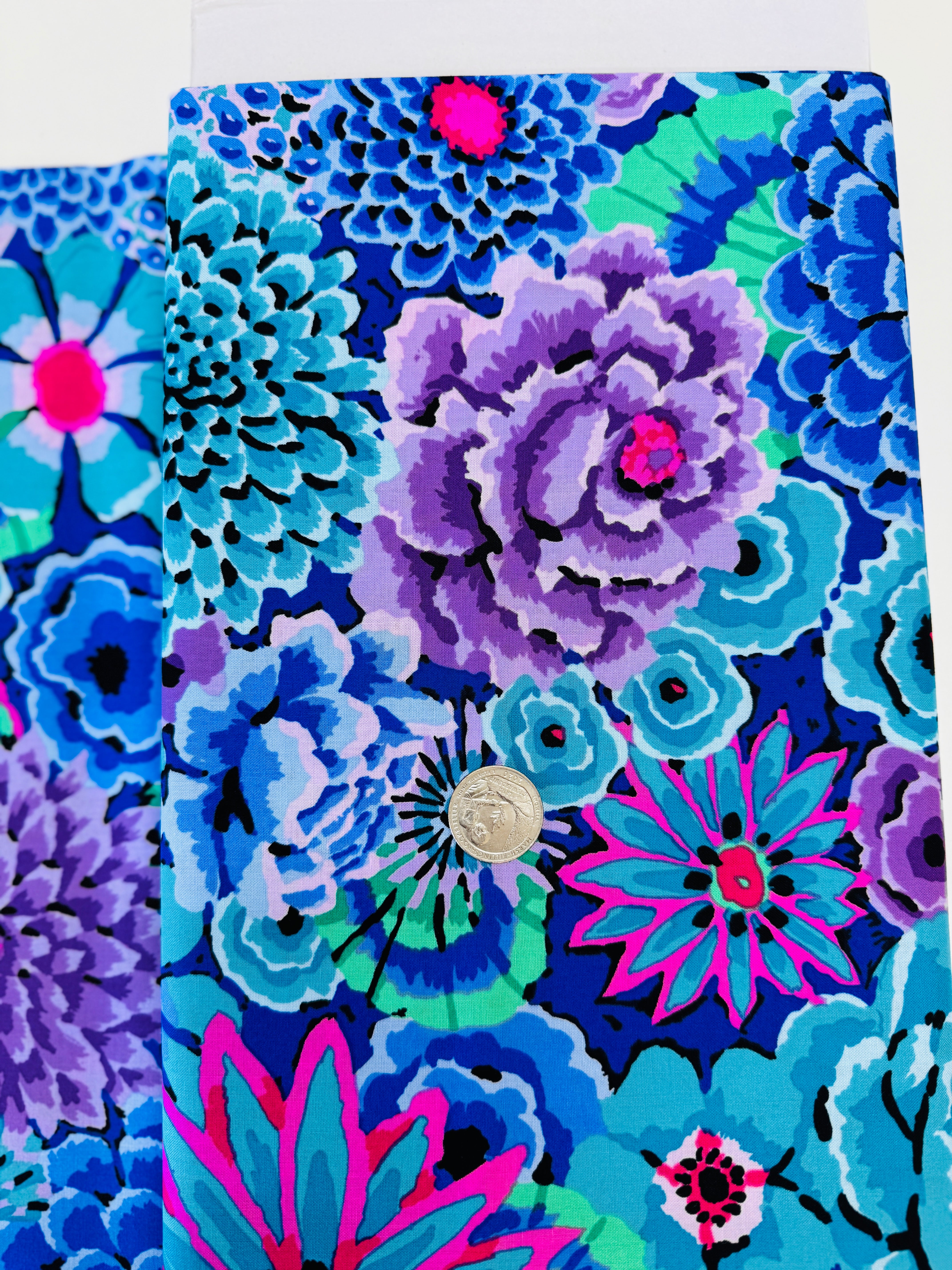 Enchanted Blue quilting cotton by Philip Jacobs for the Kaffe Fassett Collective – bold blue floral print on cotton fabric