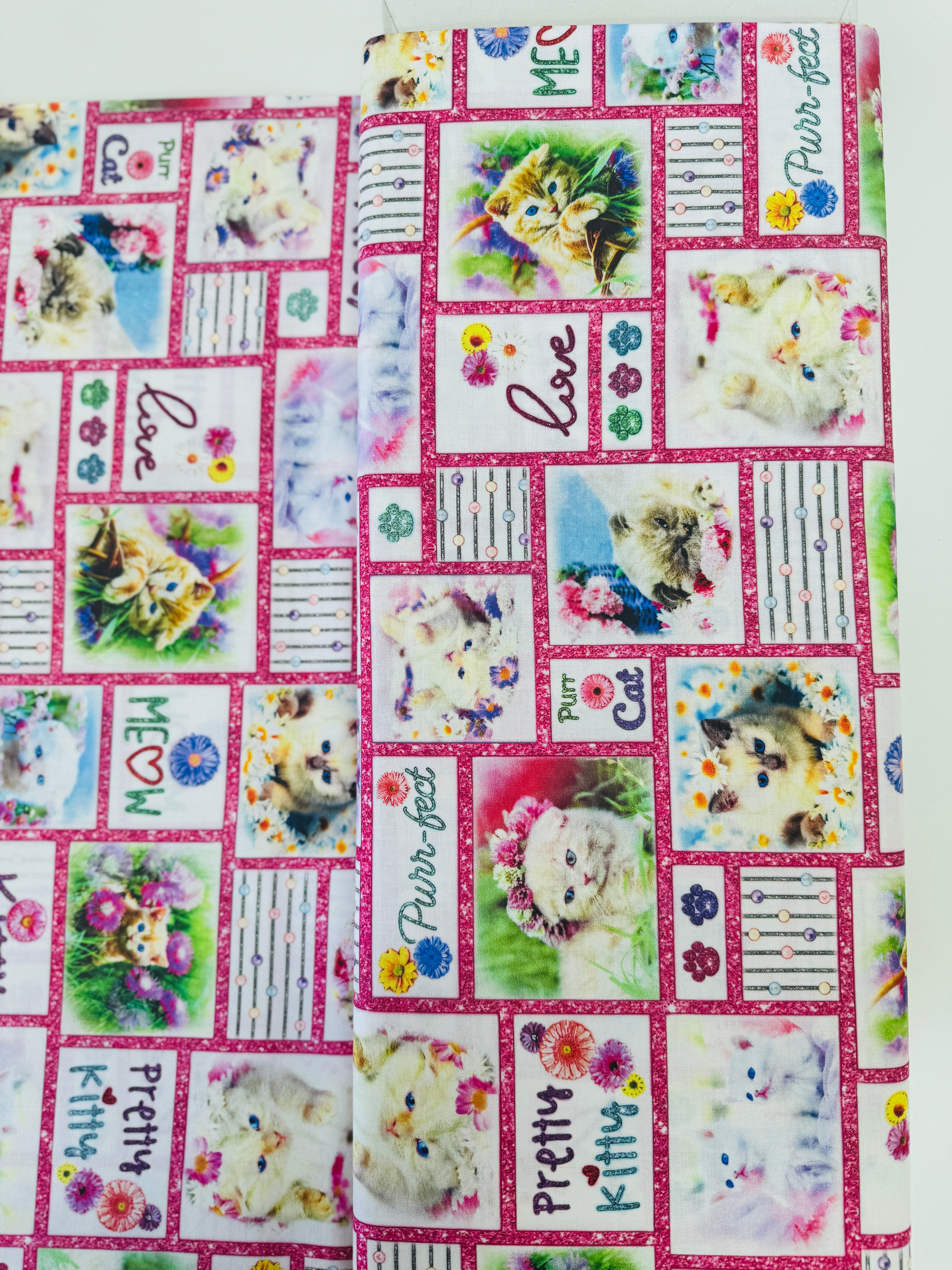 Kitty Patchwork quilting cotton by Studio E Fabrics – cat patch print with various kittens and paws on cotton background, 43" wide