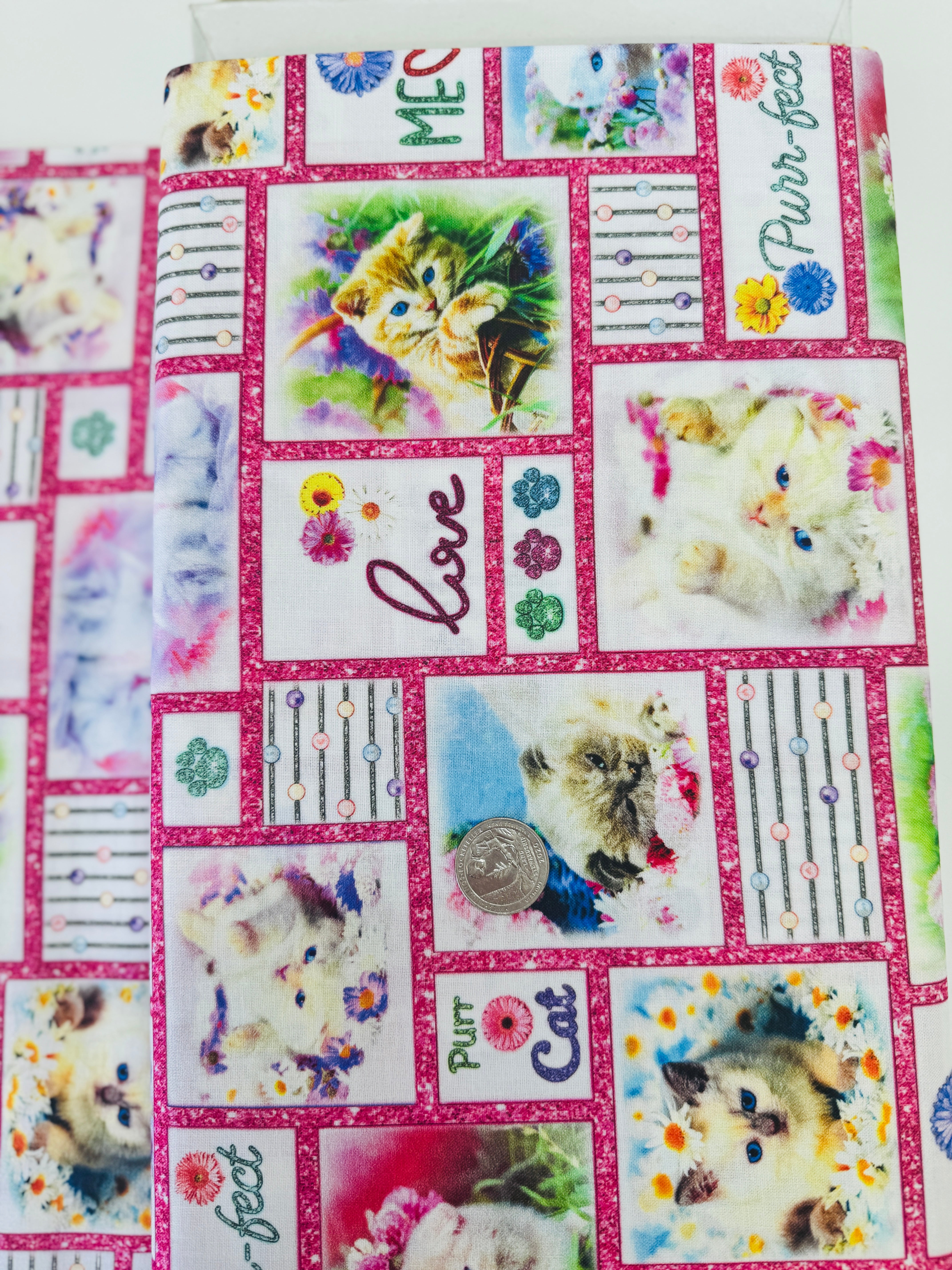 Kitty Patchwork quilting cotton by Studio E Fabrics – cat patch print with various kittens and paws on cotton background, 43" wide