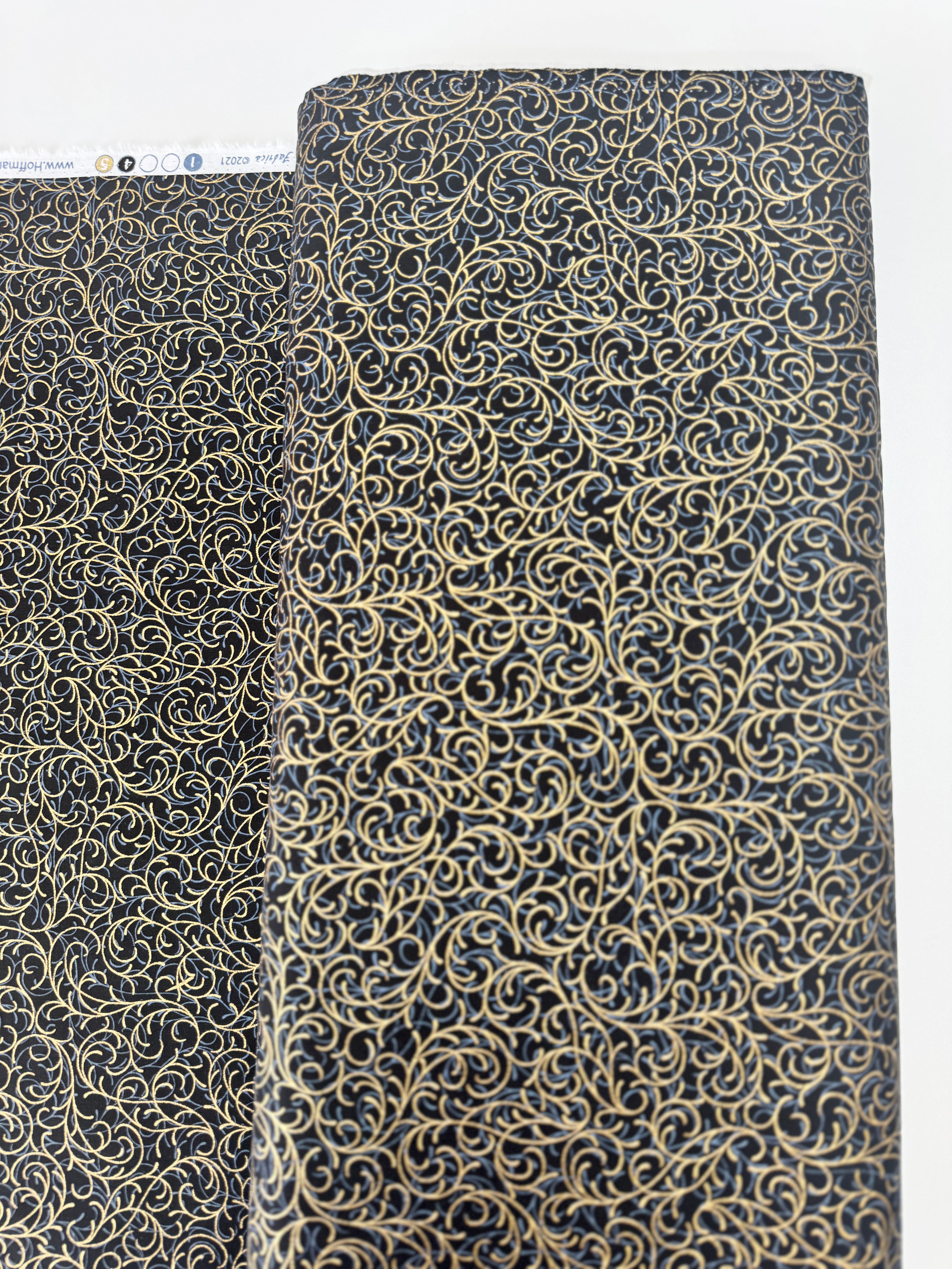 Joyful Traditions Scroll fabric by Hoffman Fabrics – black cotton with gold metallic scroll – 43"/44" wide quilting cotton