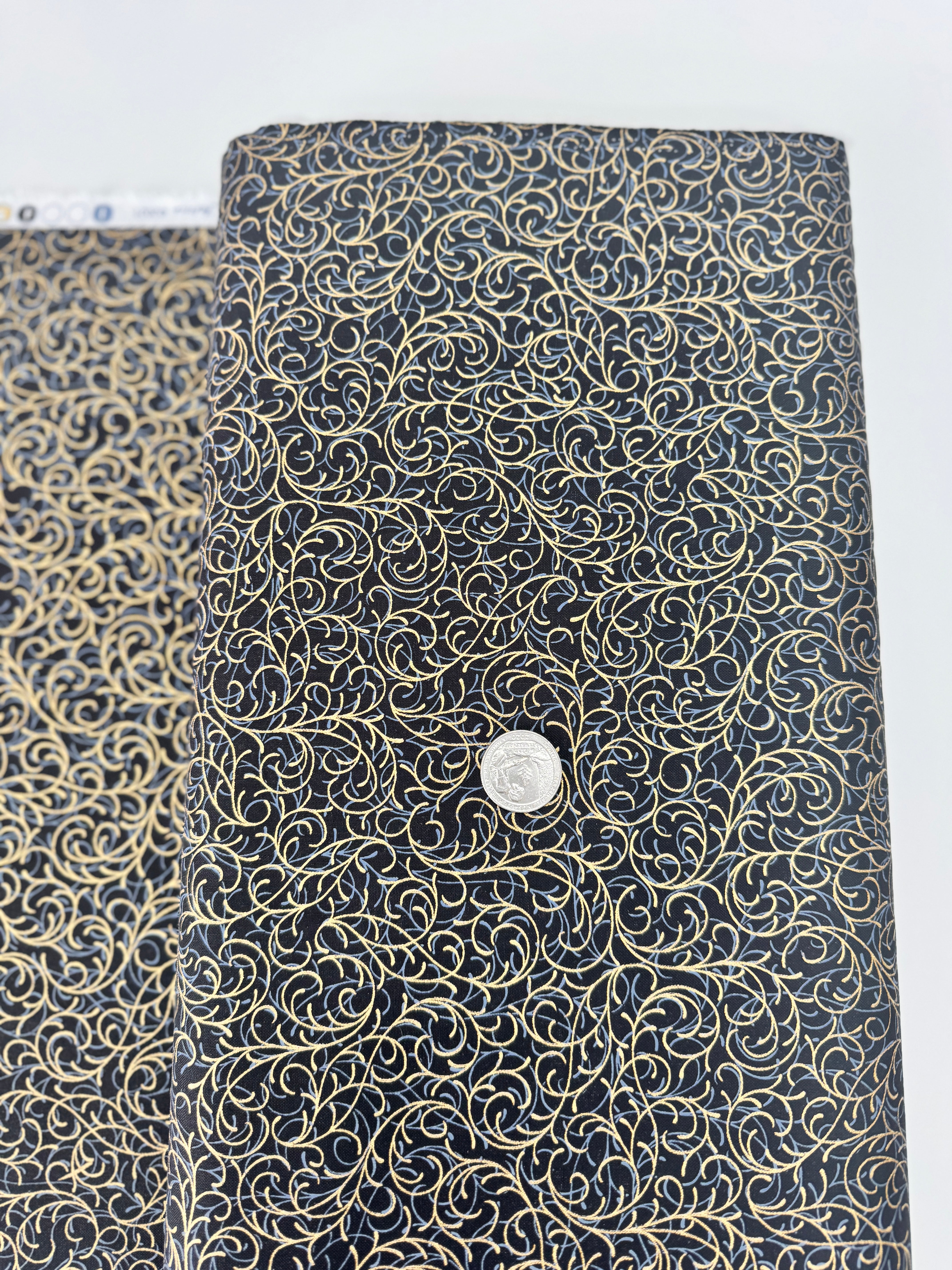 Joyful Traditions Scroll fabric by Hoffman Fabrics – black cotton with gold metallic scroll – 43"/44" wide quilting cotton