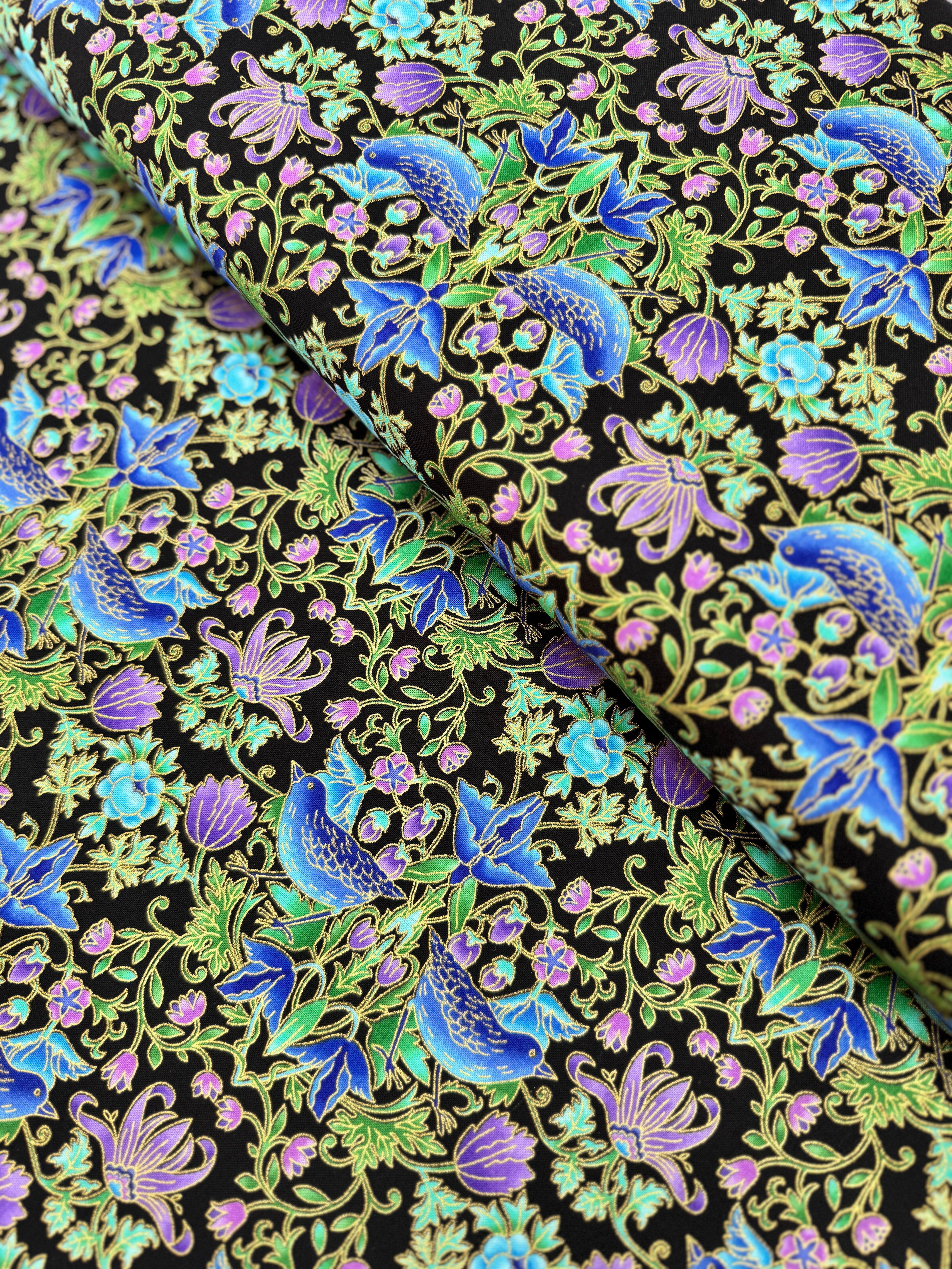 Luminous - Floral With Birds Metallic Yardage