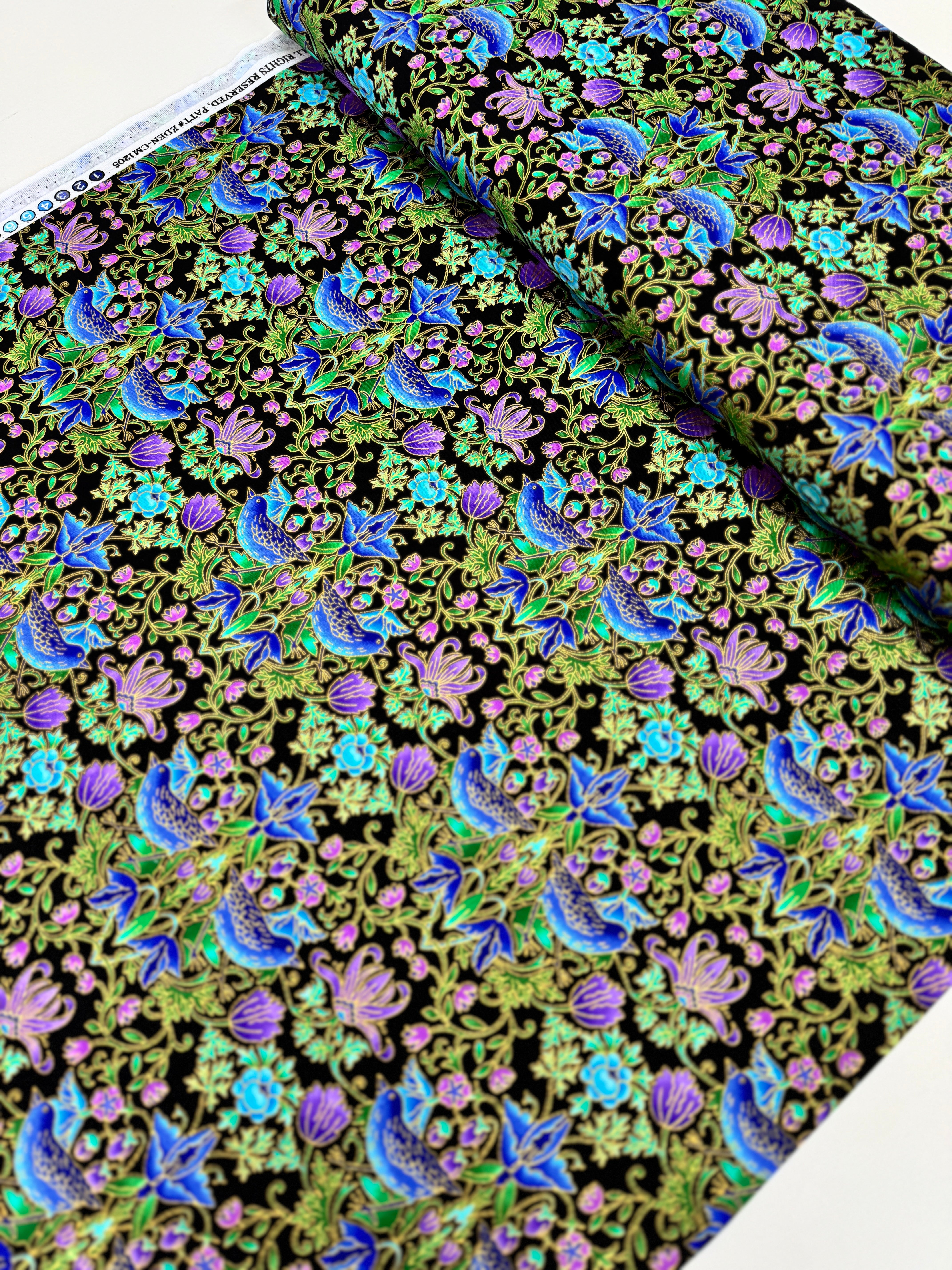 Luminous - Floral With Birds Metallic Yardage