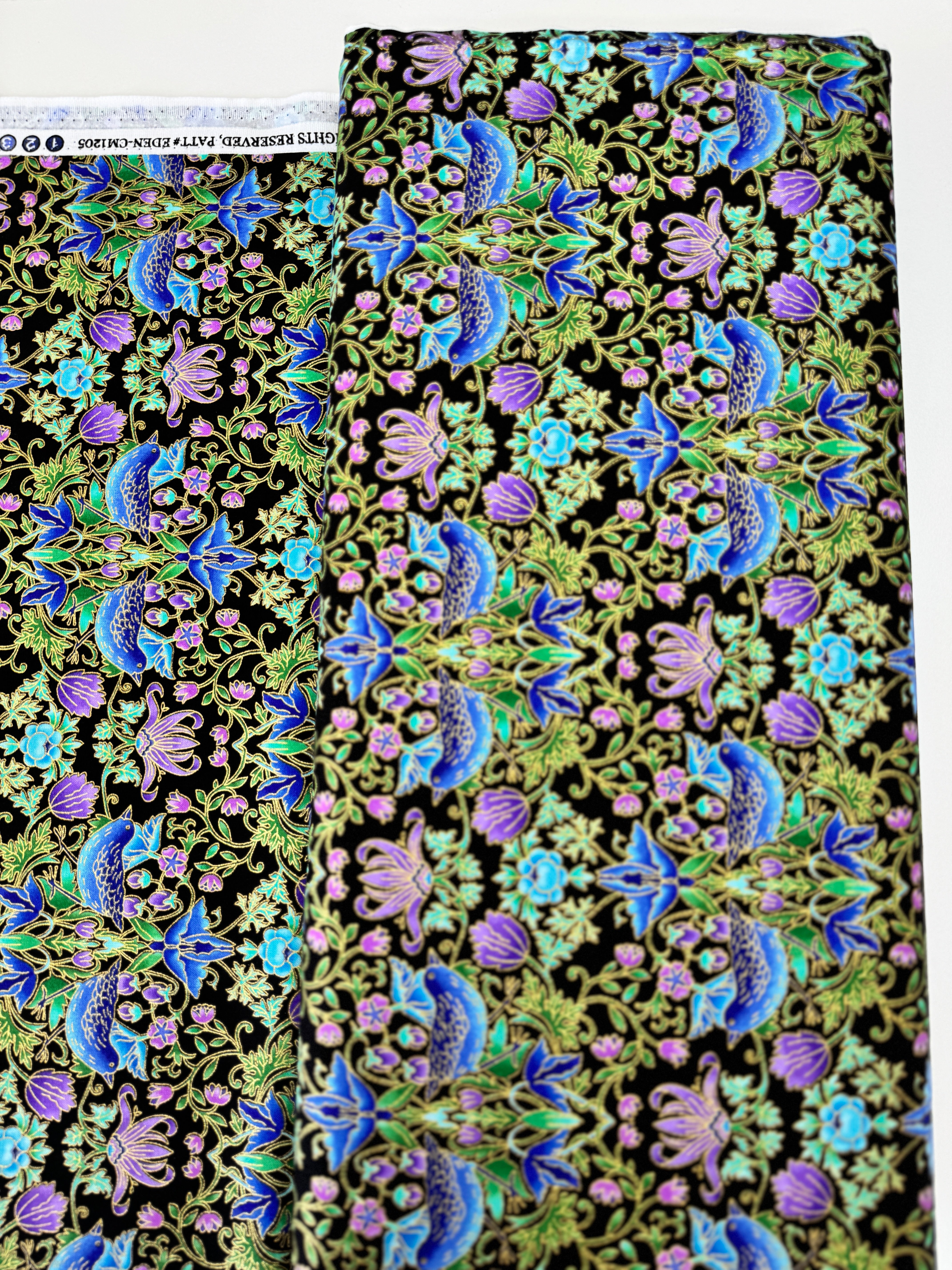 Luminous - Floral With Birds Metallic Yardage