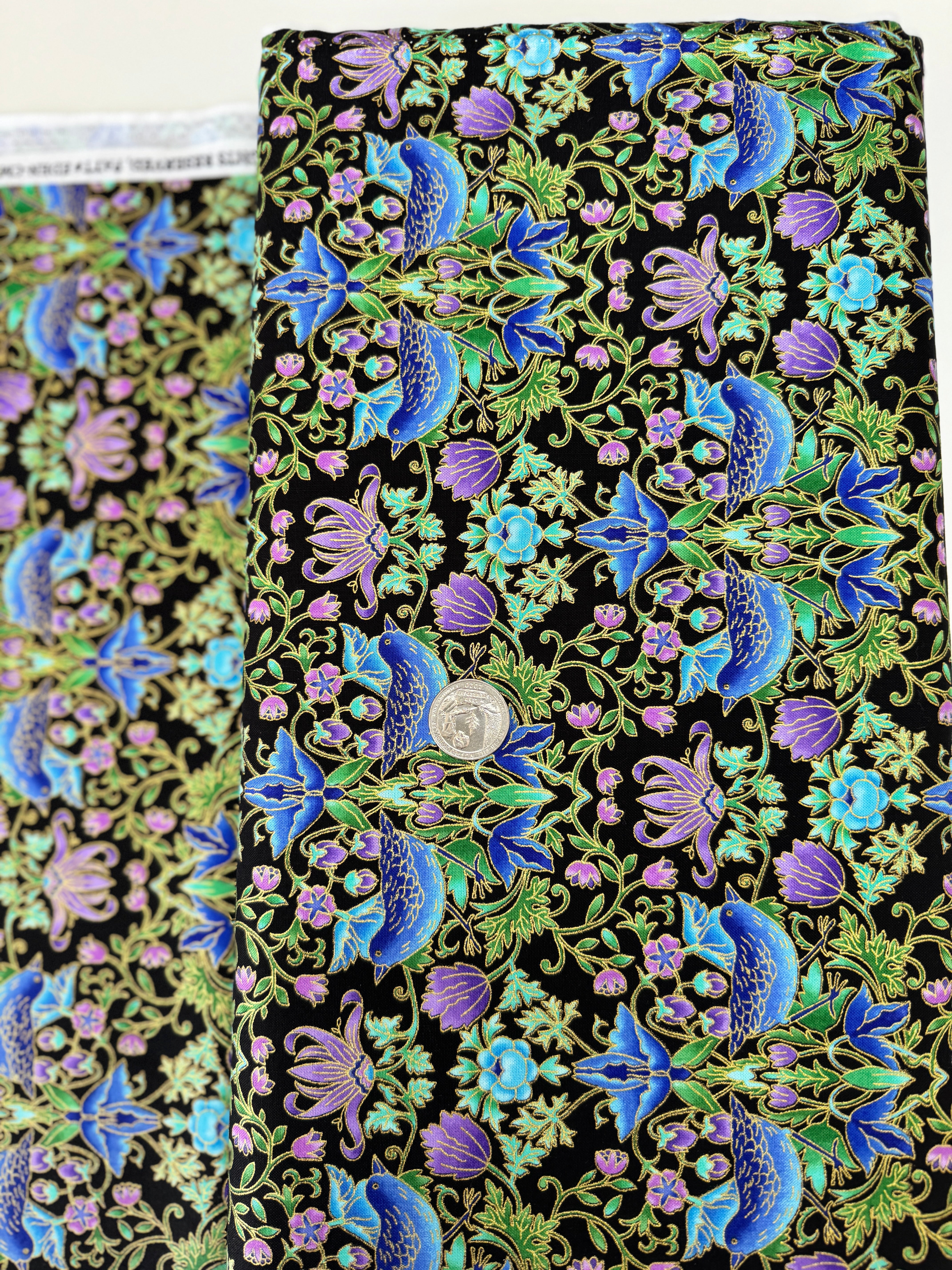 Luminous - Floral With Birds Metallic Yardage