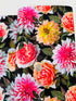 Enchanted Field Dreaming of Dahlias Pink Glow quilting cotton by RJR Studio – vibrant pink and peach dahlias on black background, 43–44″ wide