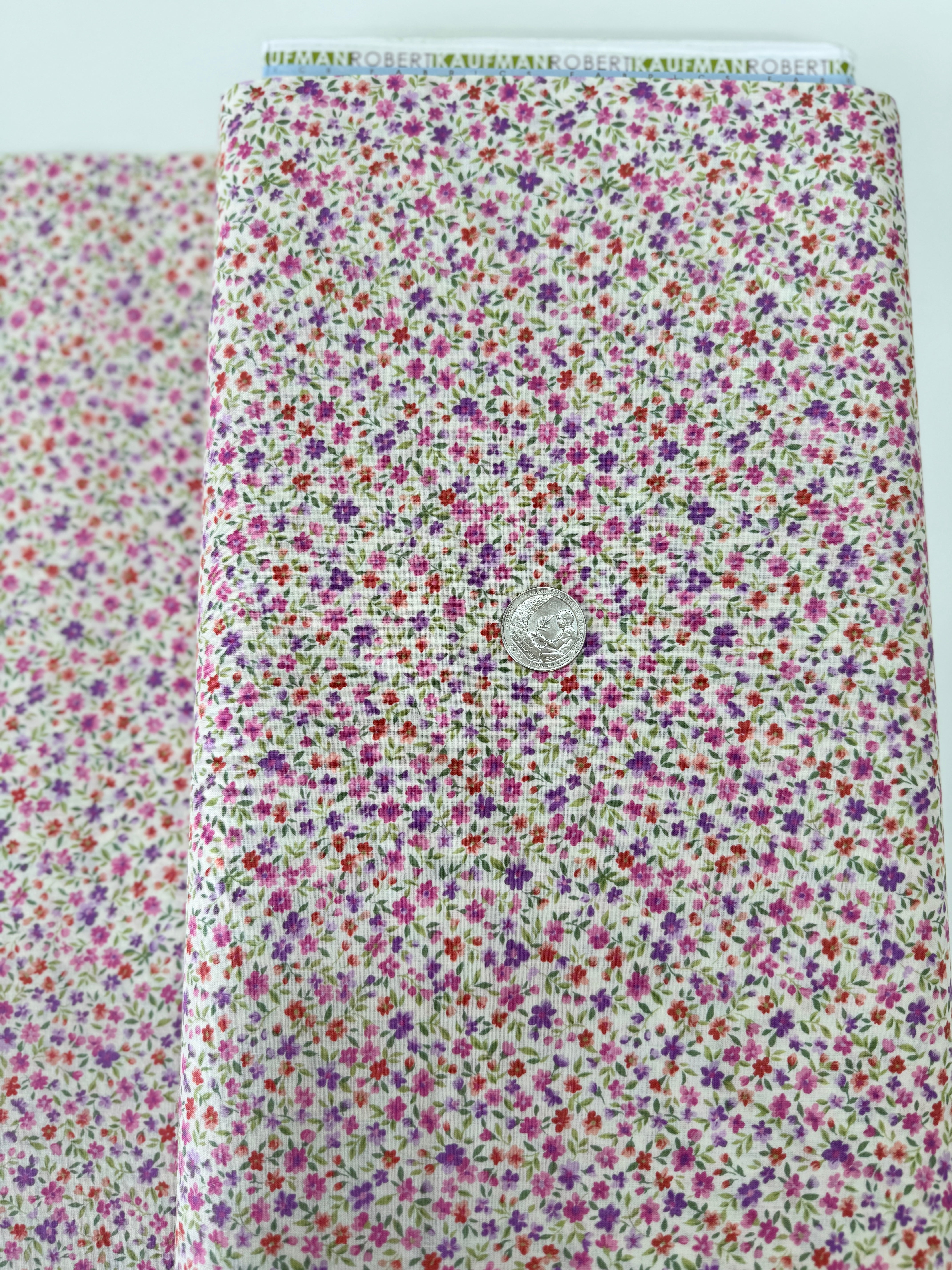 Sevenberry Bouquet Lilac cotton quilting fabric by Sevenberry for Robert Kaufman – tiny lilac and green floral bouquet print, 42–43″ wide