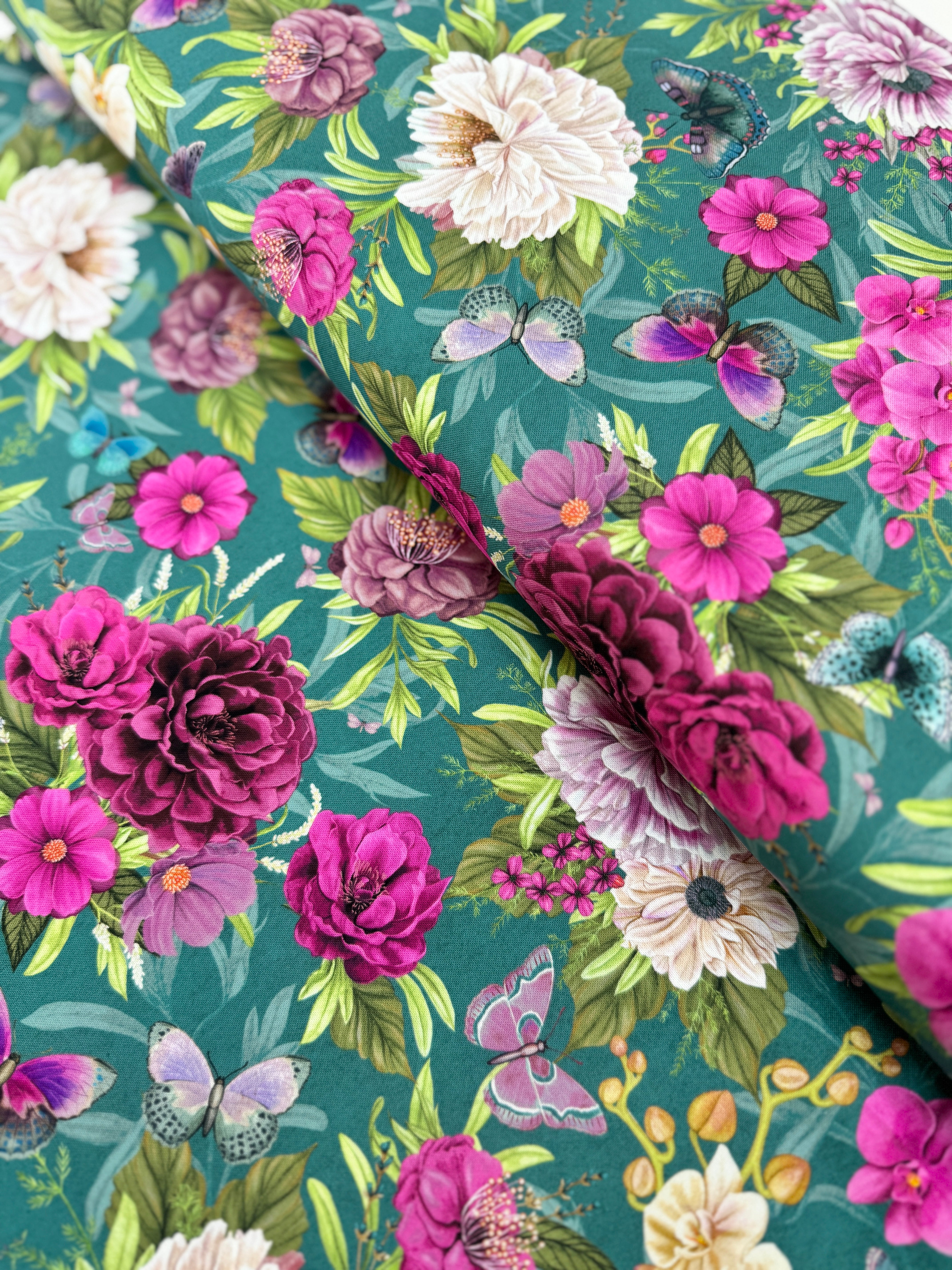 Midnight Garden Large Floral Teal cotton fabric by Danielle Leone – jewelled-tone blooms on teal background, 43″ wide