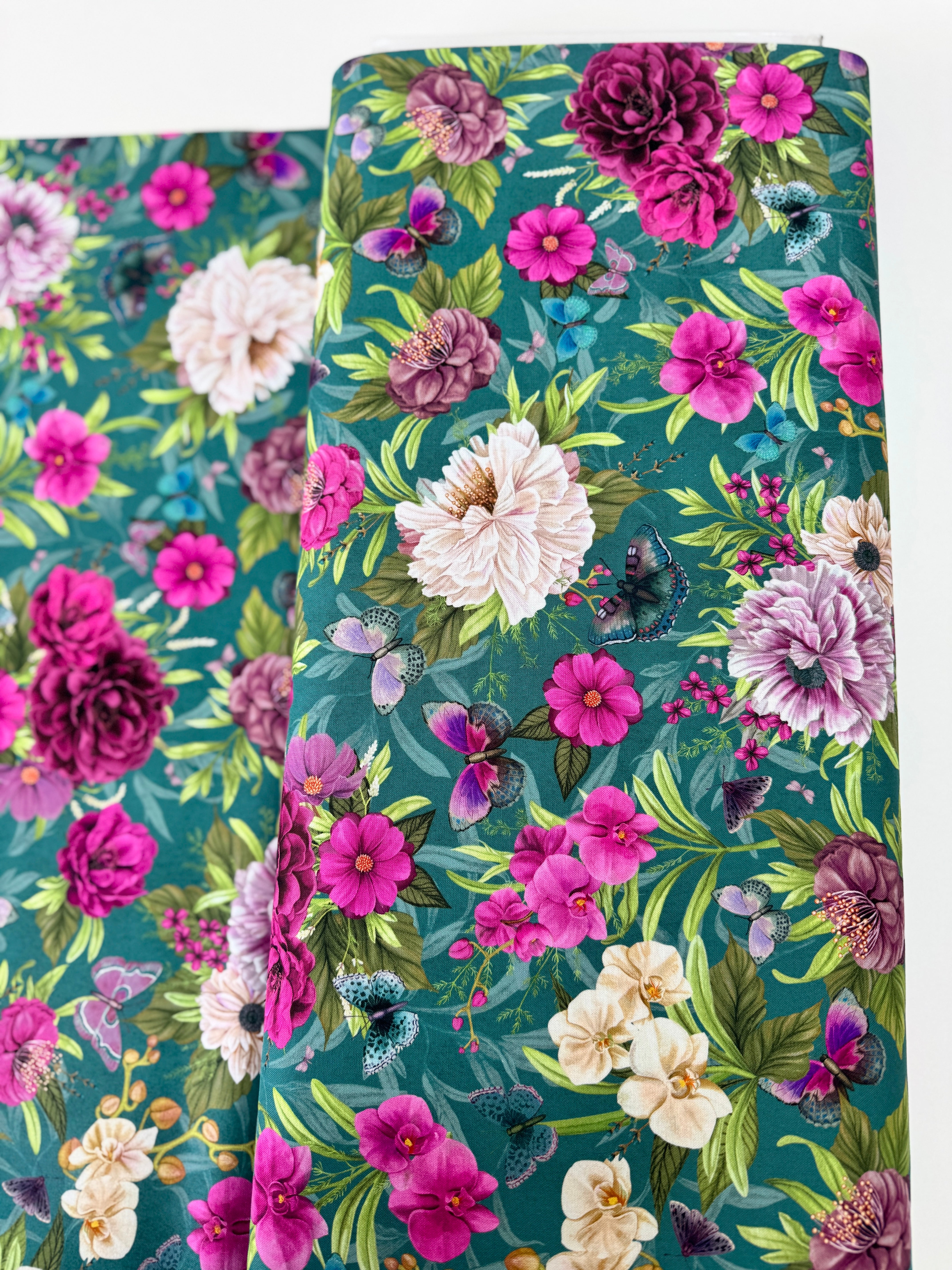 Midnight Garden Large Floral Teal cotton fabric by Danielle Leone – jewelled-tone blooms on teal background, 43″ wide