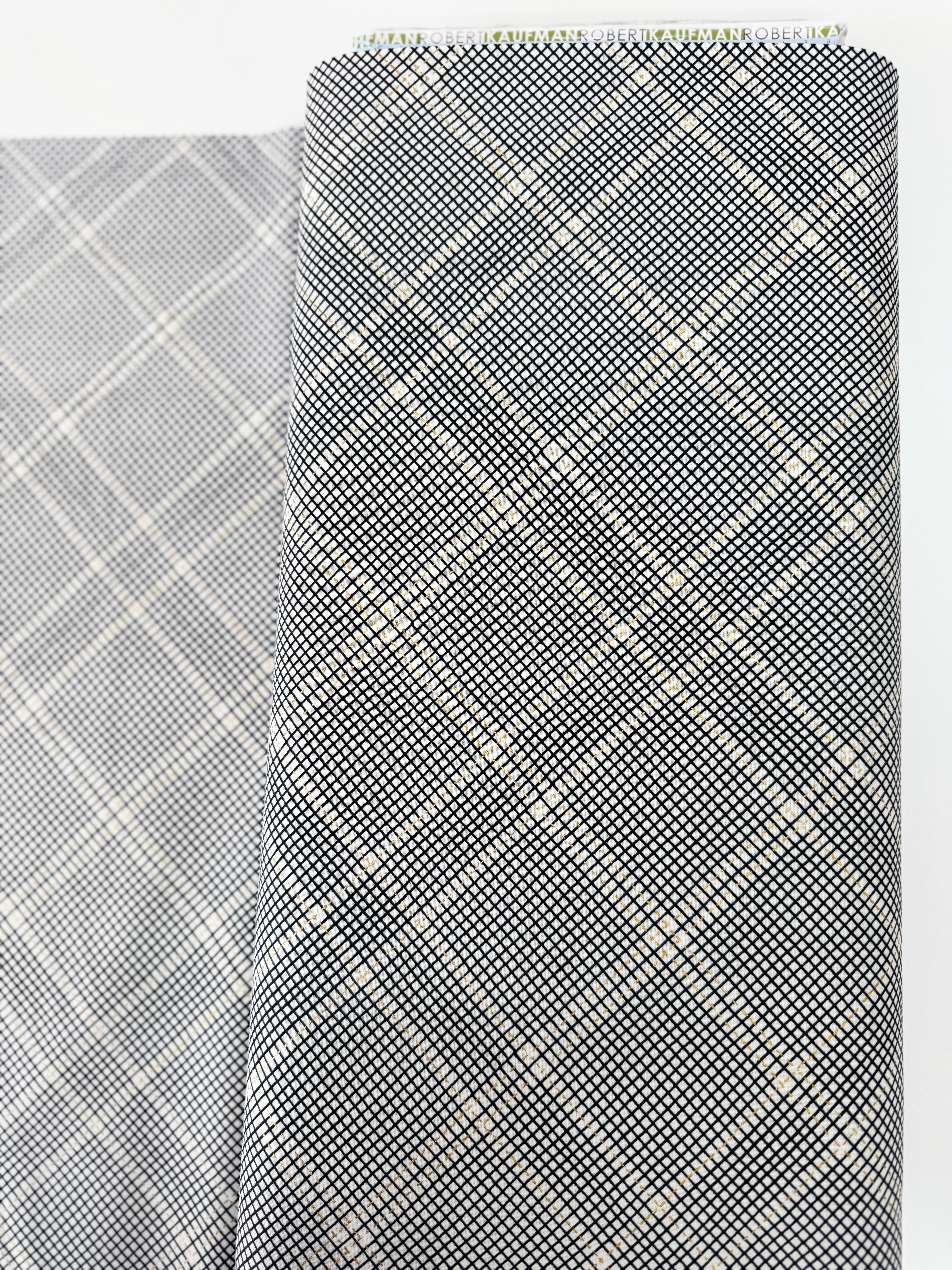 Collection CF Onyx metallic cotton fabric by Carolyn Friedlander for Robert Kaufman – black & white graphic with gold metallic accents, 43″–44″ wide