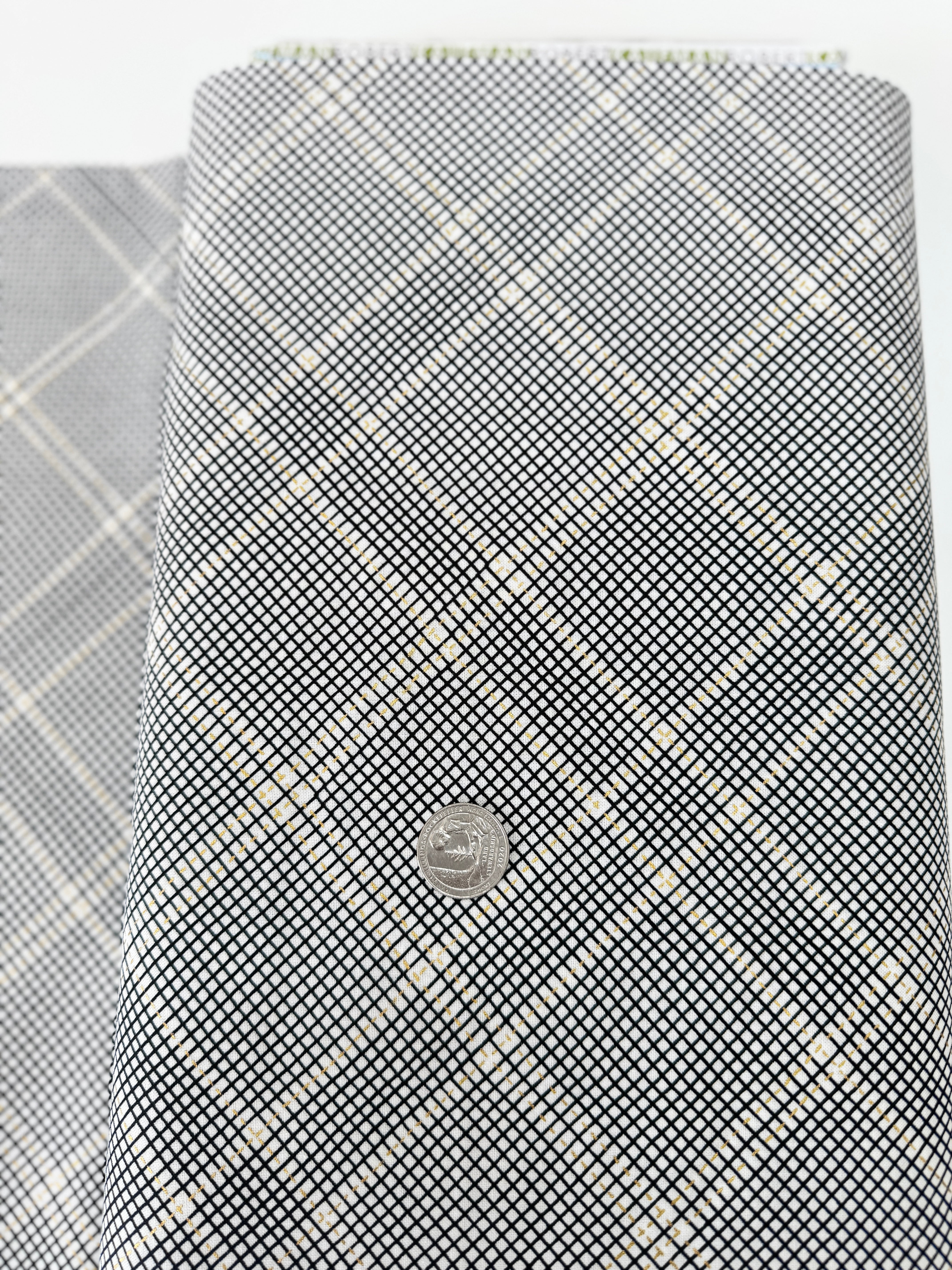 Collection CF Onyx metallic cotton fabric by Carolyn Friedlander for Robert Kaufman – black & white graphic with gold metallic accents, 43″–44″ wide