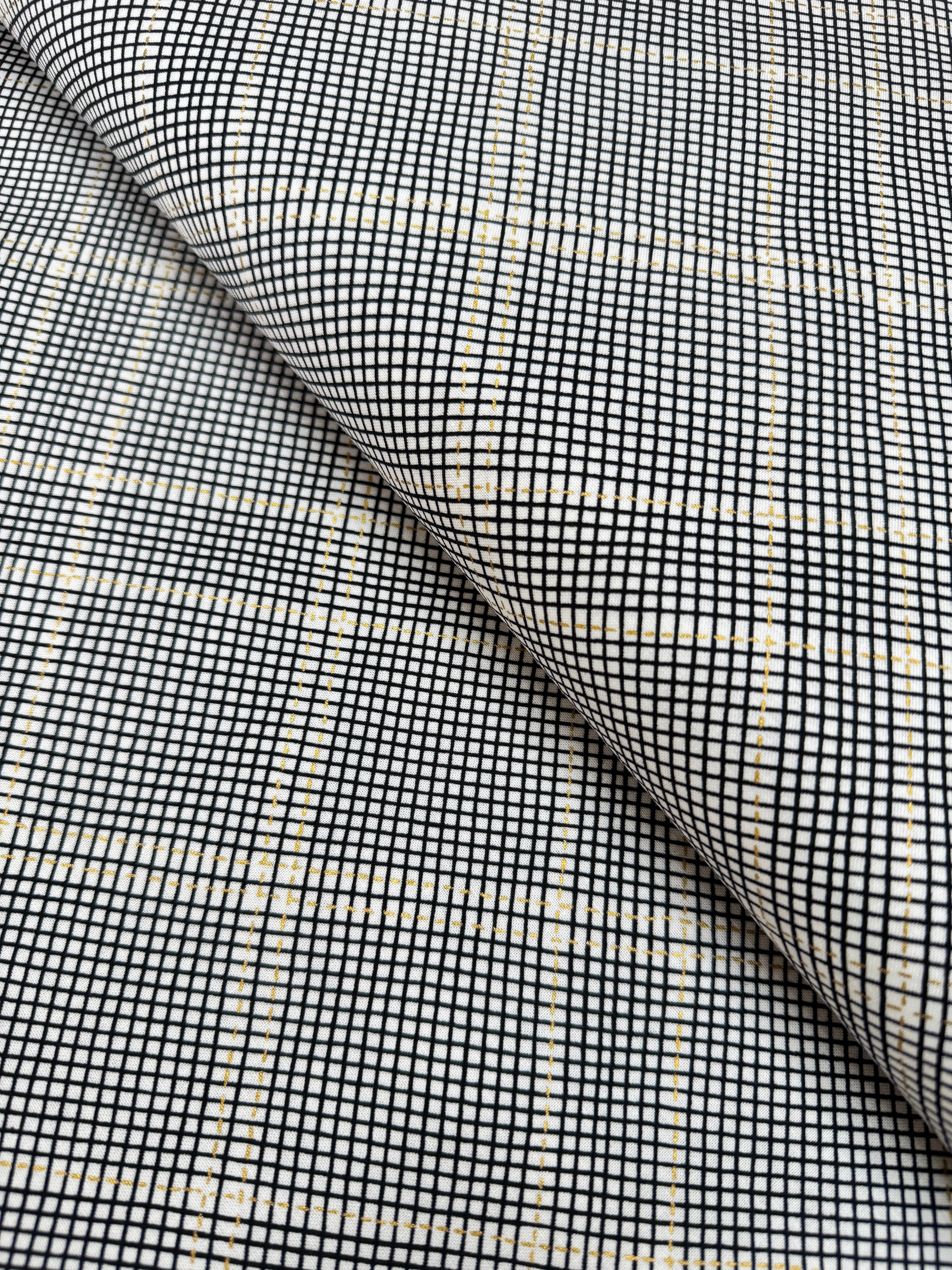 Collection CF Onyx metallic cotton fabric by Carolyn Friedlander for Robert Kaufman – black & white graphic with gold metallic accents, 43″–44″ wide