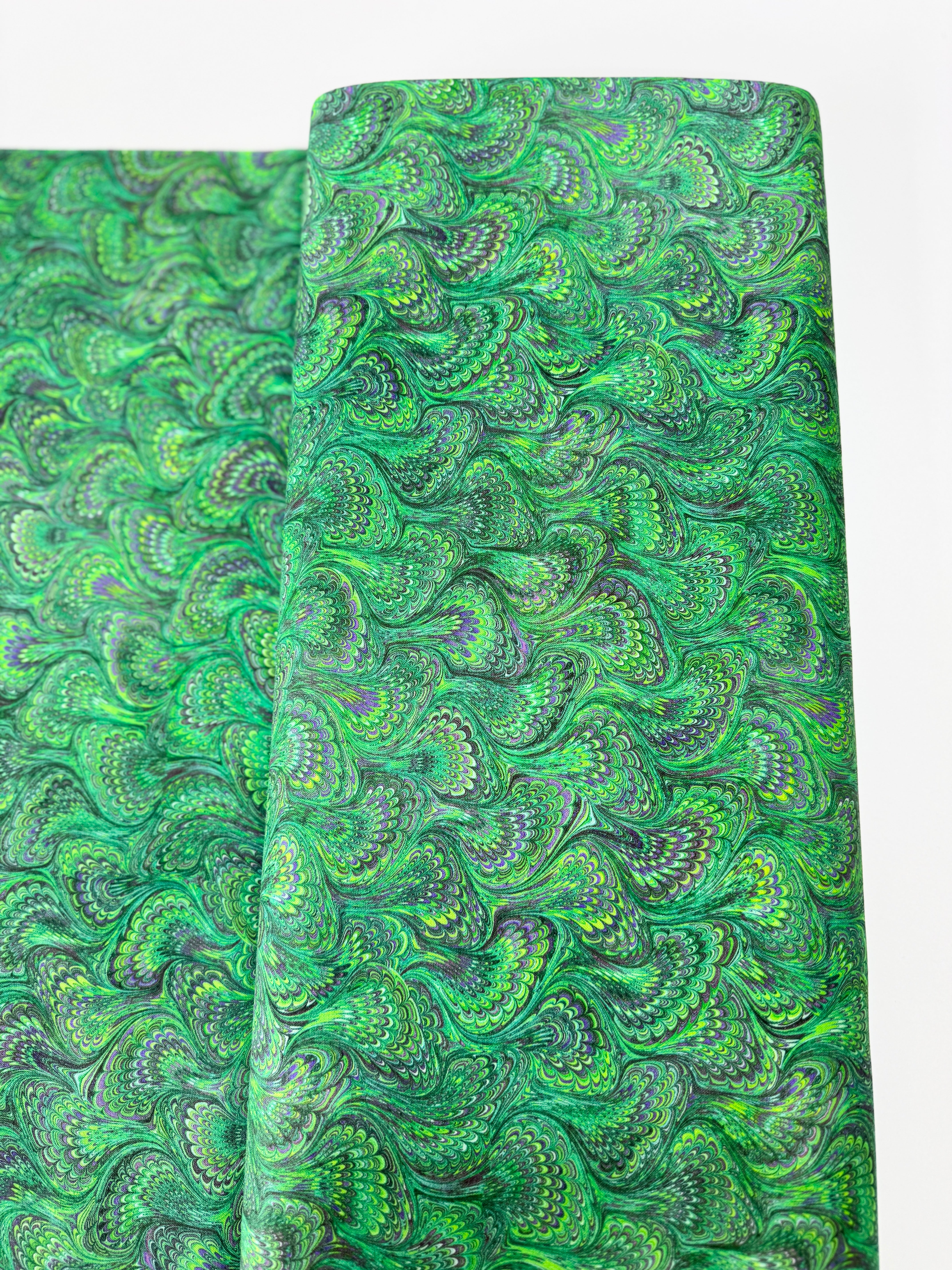 Emerald green marbled swirl print cotton quilting fabric by Aimee Stewart for Robert Kaufman