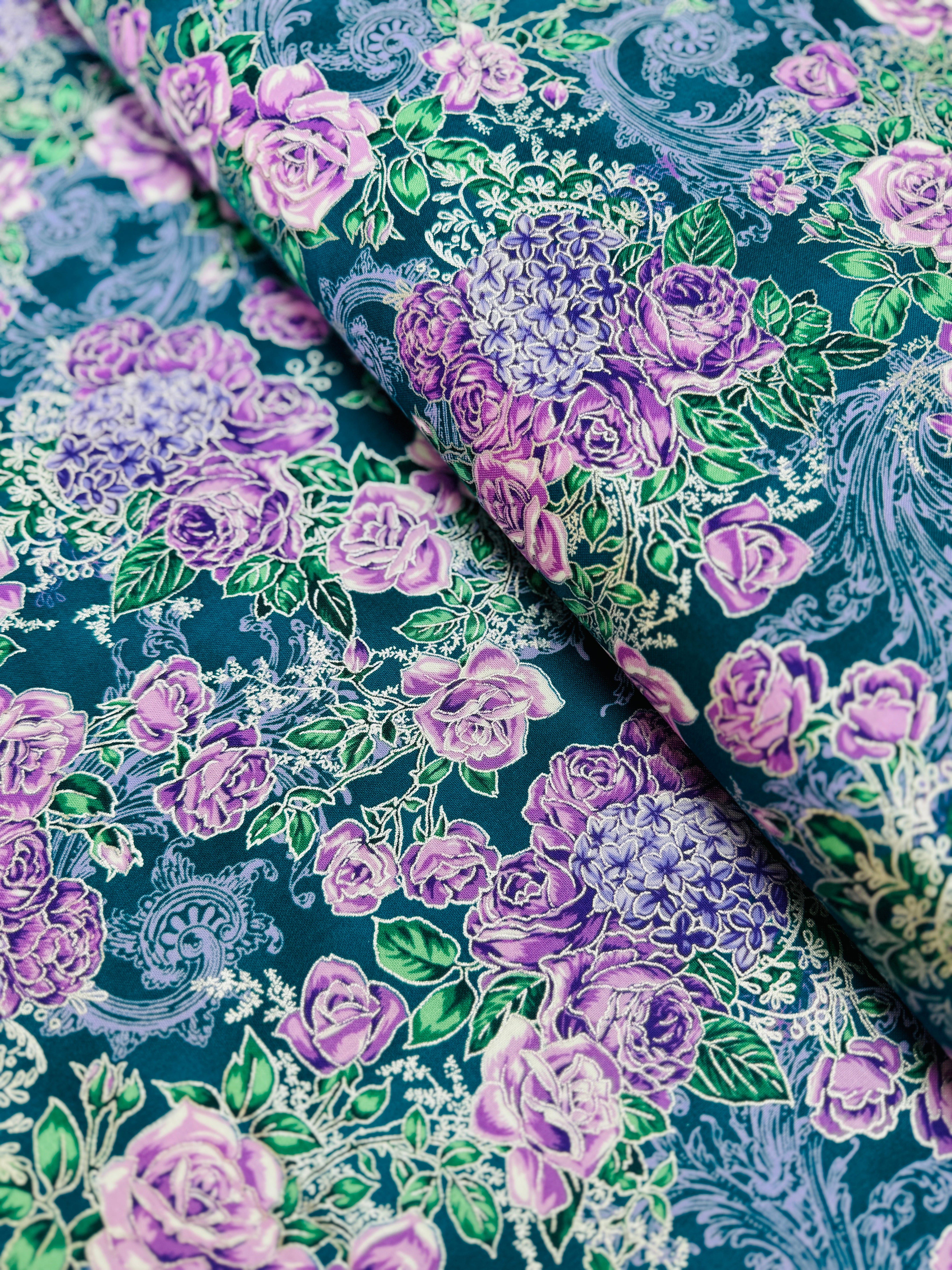 Mystic Moon teal floral quilting cotton by Studio RK for Robert Kaufman – teal flowers with silver metallic accents, 43/44″ wide